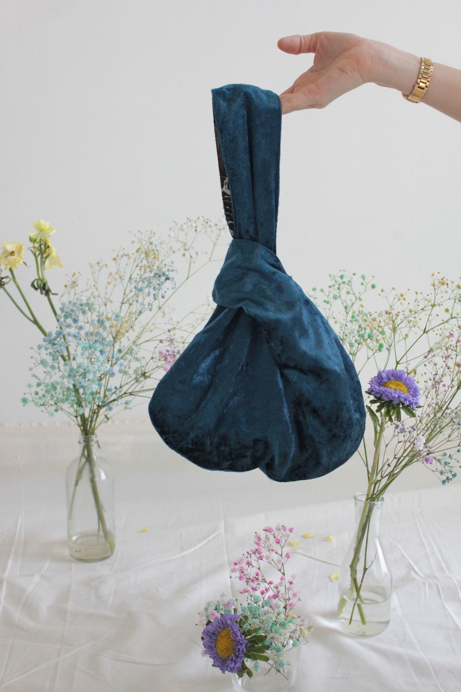 Reversible Velvet+Batik KnotBag - Prussian Bleu ( Sheen )