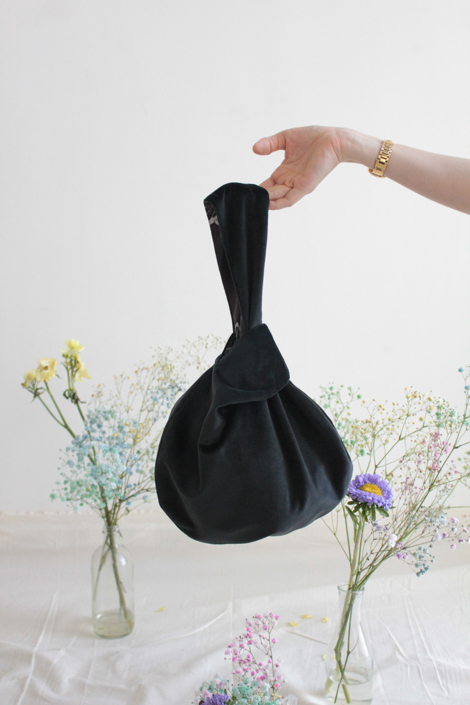 Reversible Velvet+Batik KnotBag - Noir