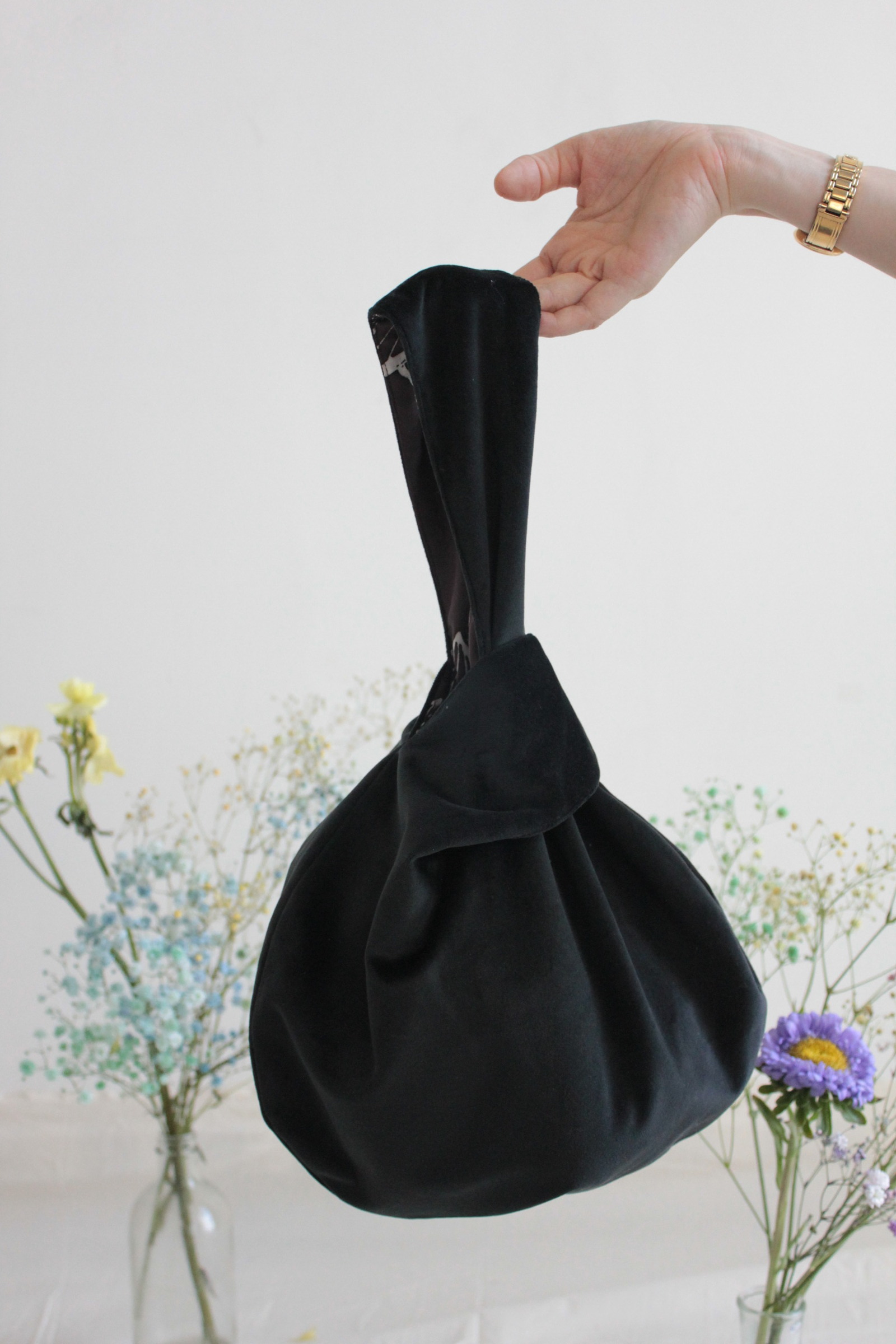 Reversible Velvet+Batik KnotBag - Noir