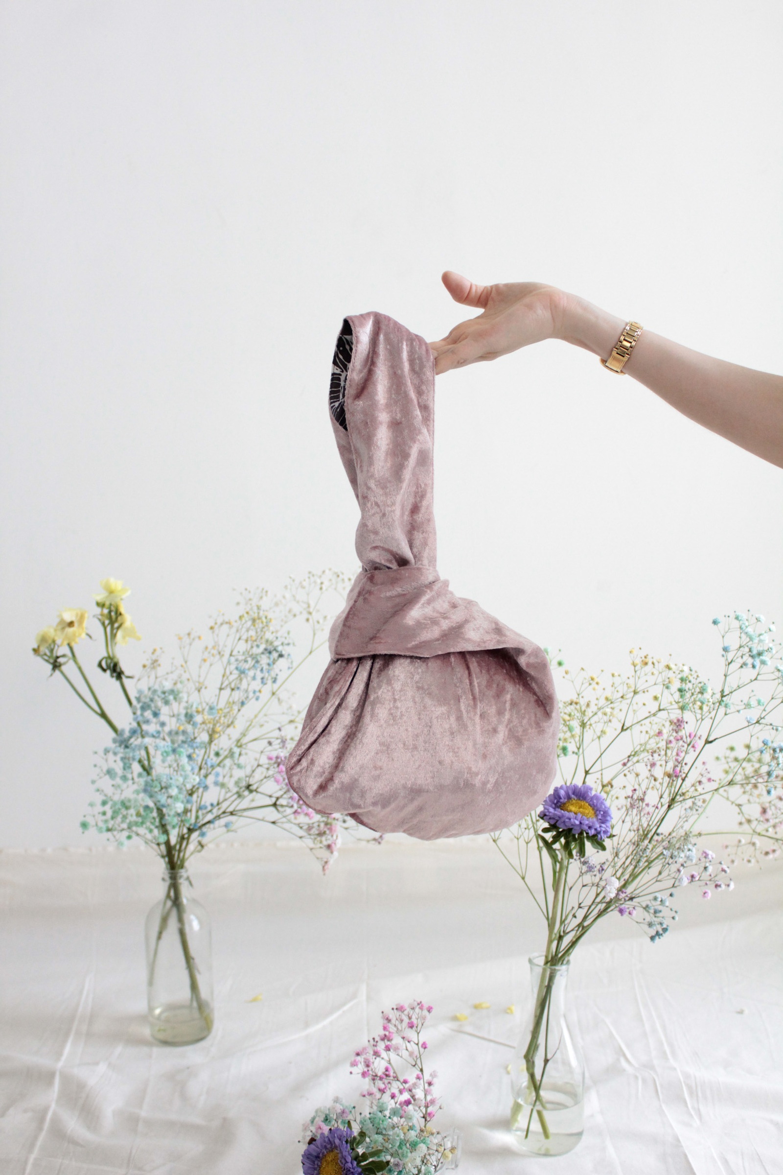 Reversible Velvet+Batik KnotBag - Dusty Pink ( Sheen )