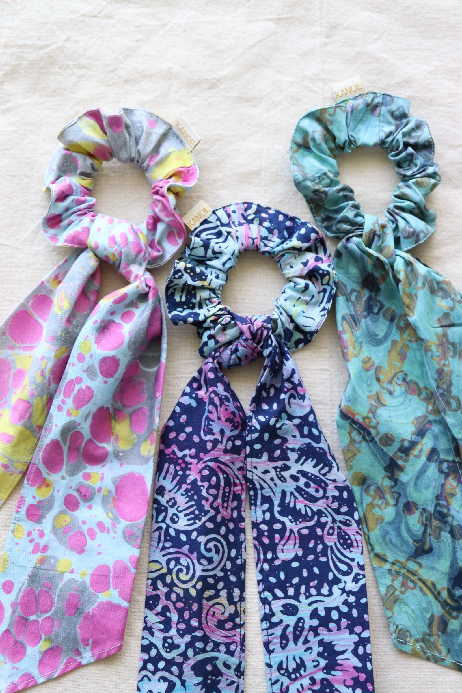 Batik Scrunchie w/ Ribbon - Aster (Handstamped Batik) (Set of 3)