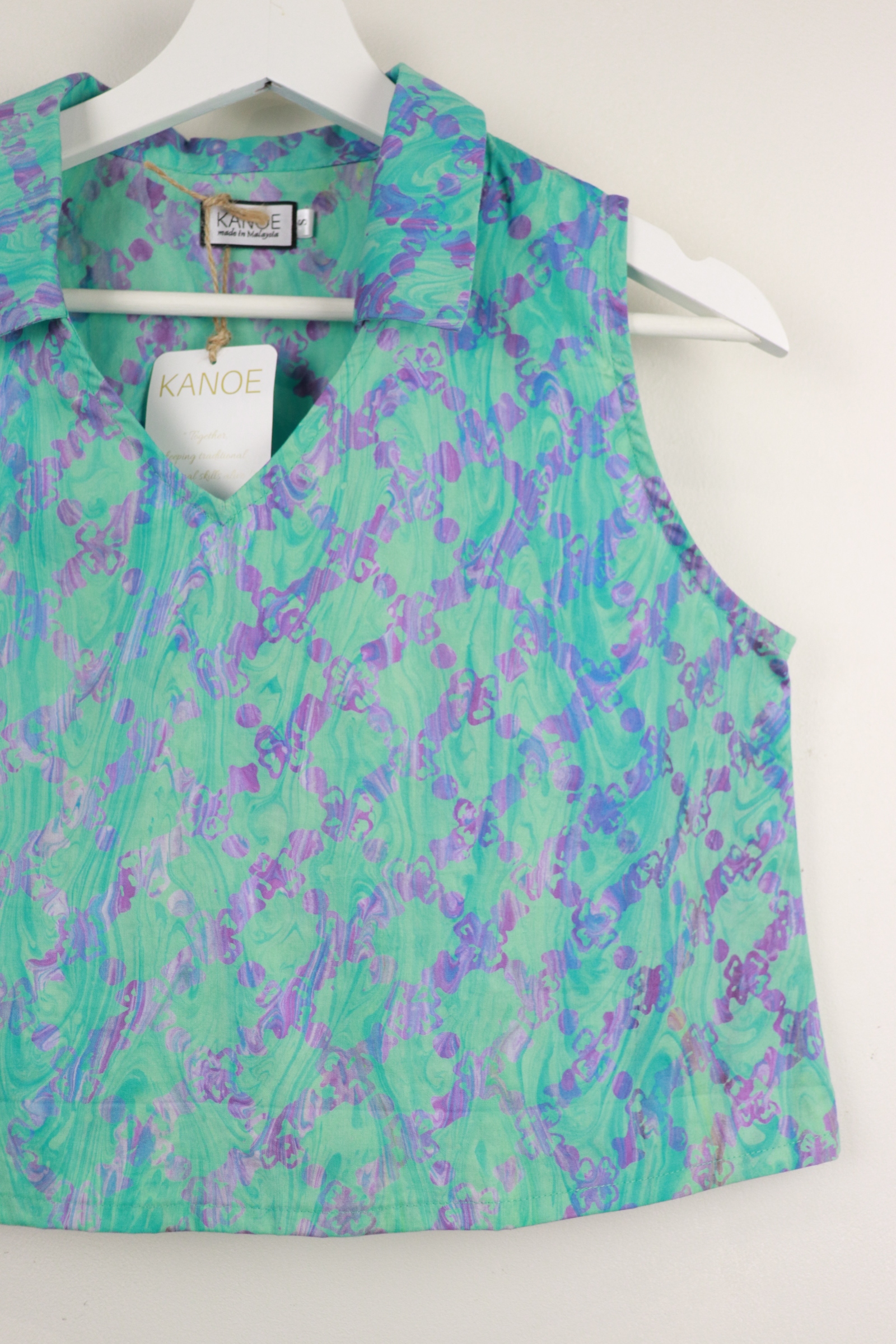 Collared V-neck Batik Top - Celeste [Handmade Batik]