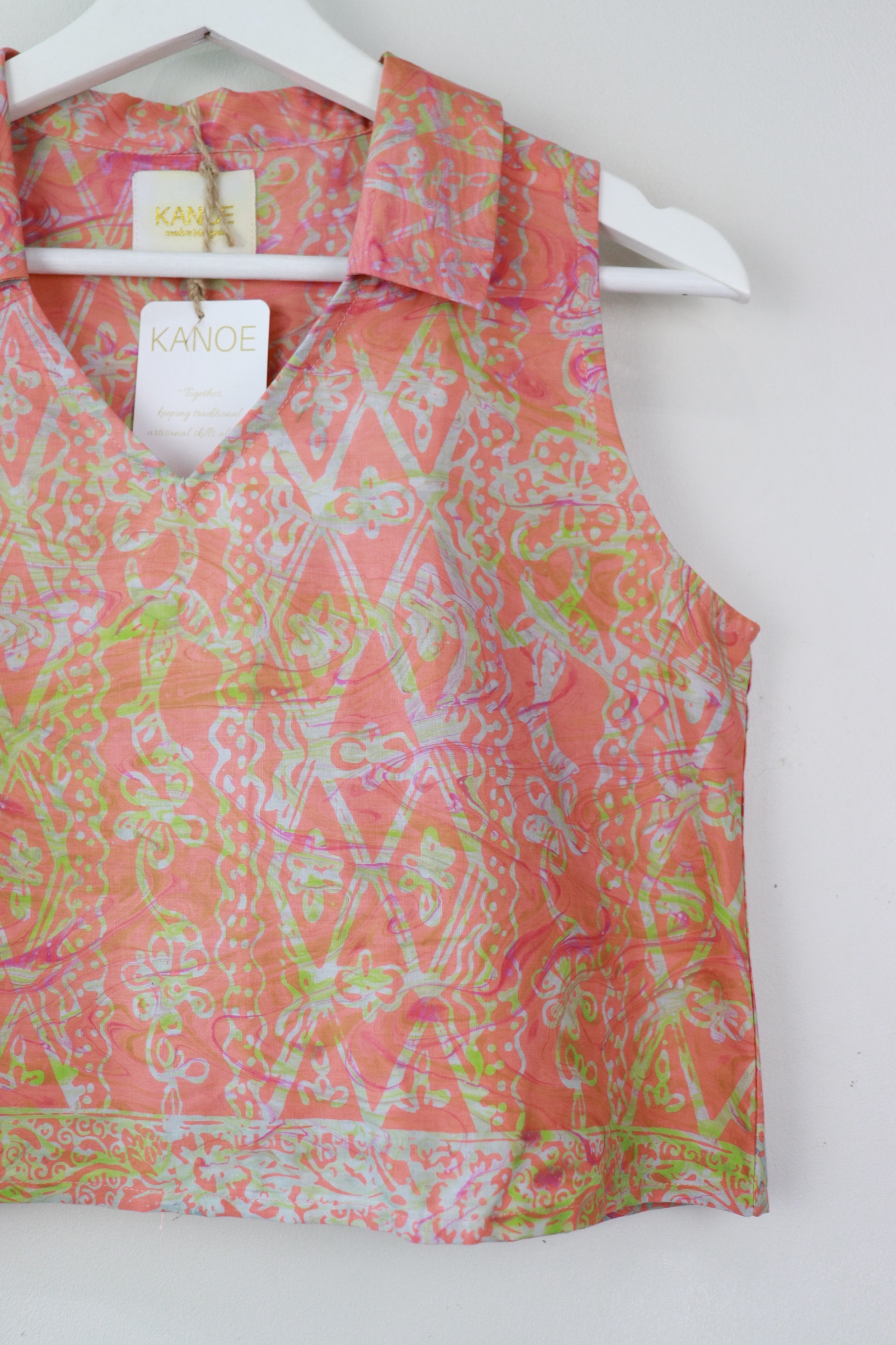 Collared V-neck Batik Top - Carrot Fizz (S) [Handmade Batik]