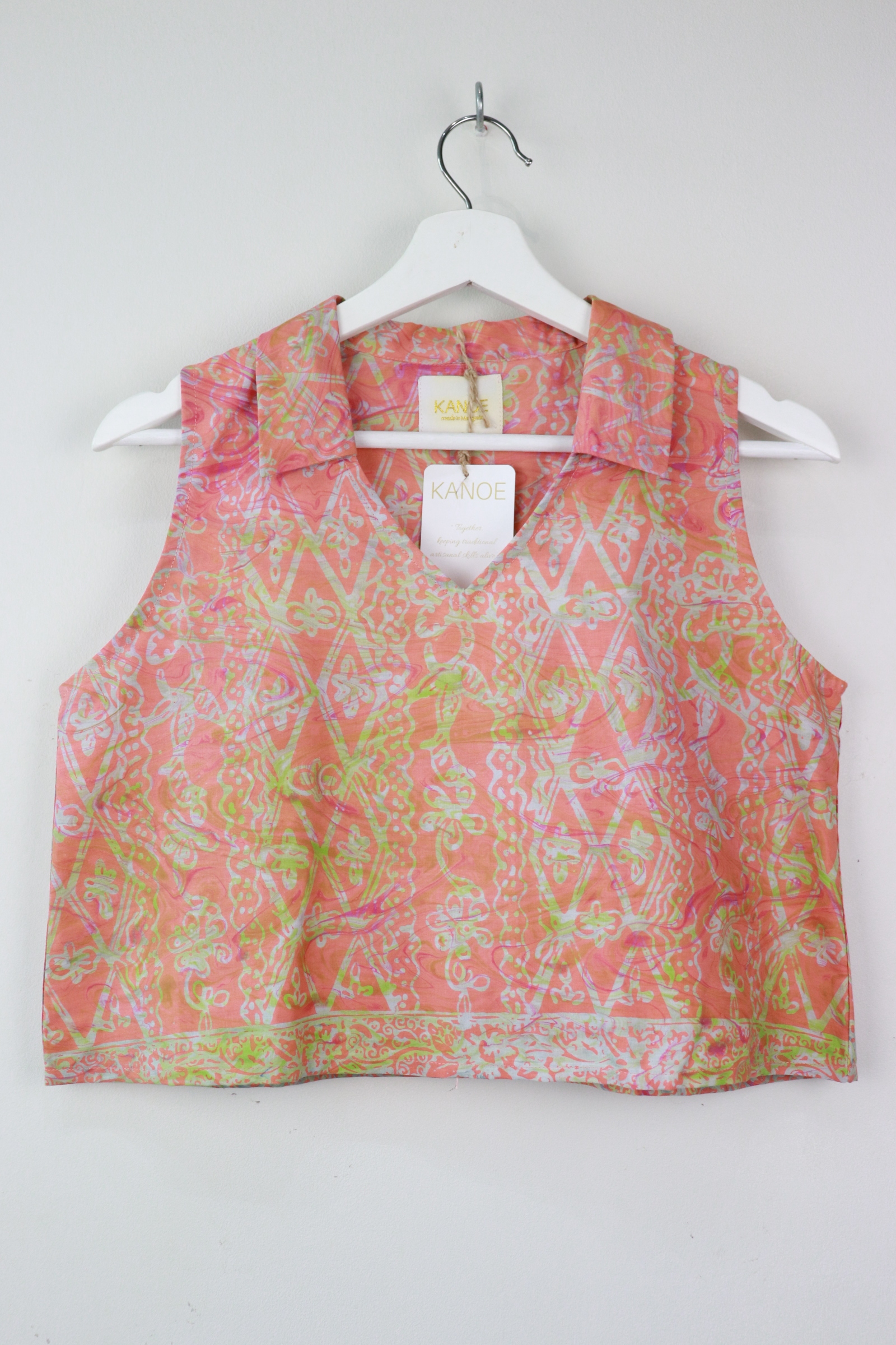 Collared V-neck Batik Top - Carrot Fizz (S) [Handmade Batik]
