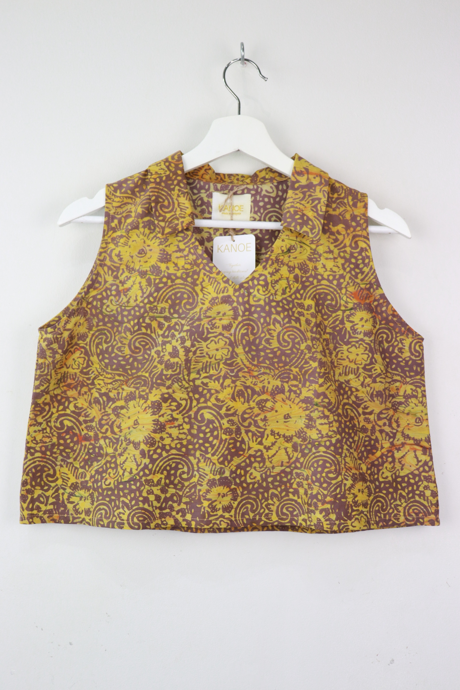 Collared V-neck Batik Top - Sunflower Shine (M) [Handmade Batik]