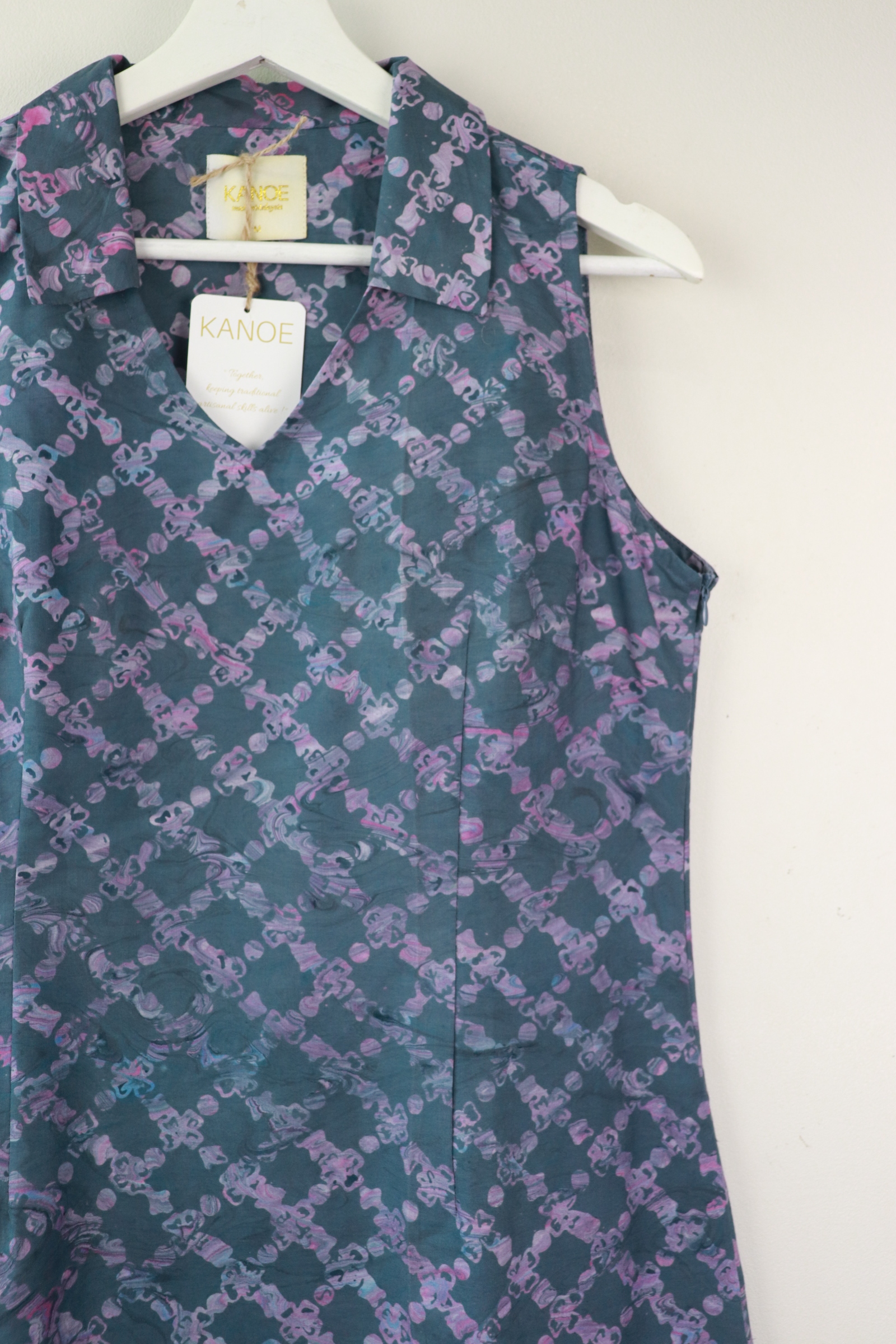 Collar V-neck Batik Dress - Boxy Fun (M) [Handmade]