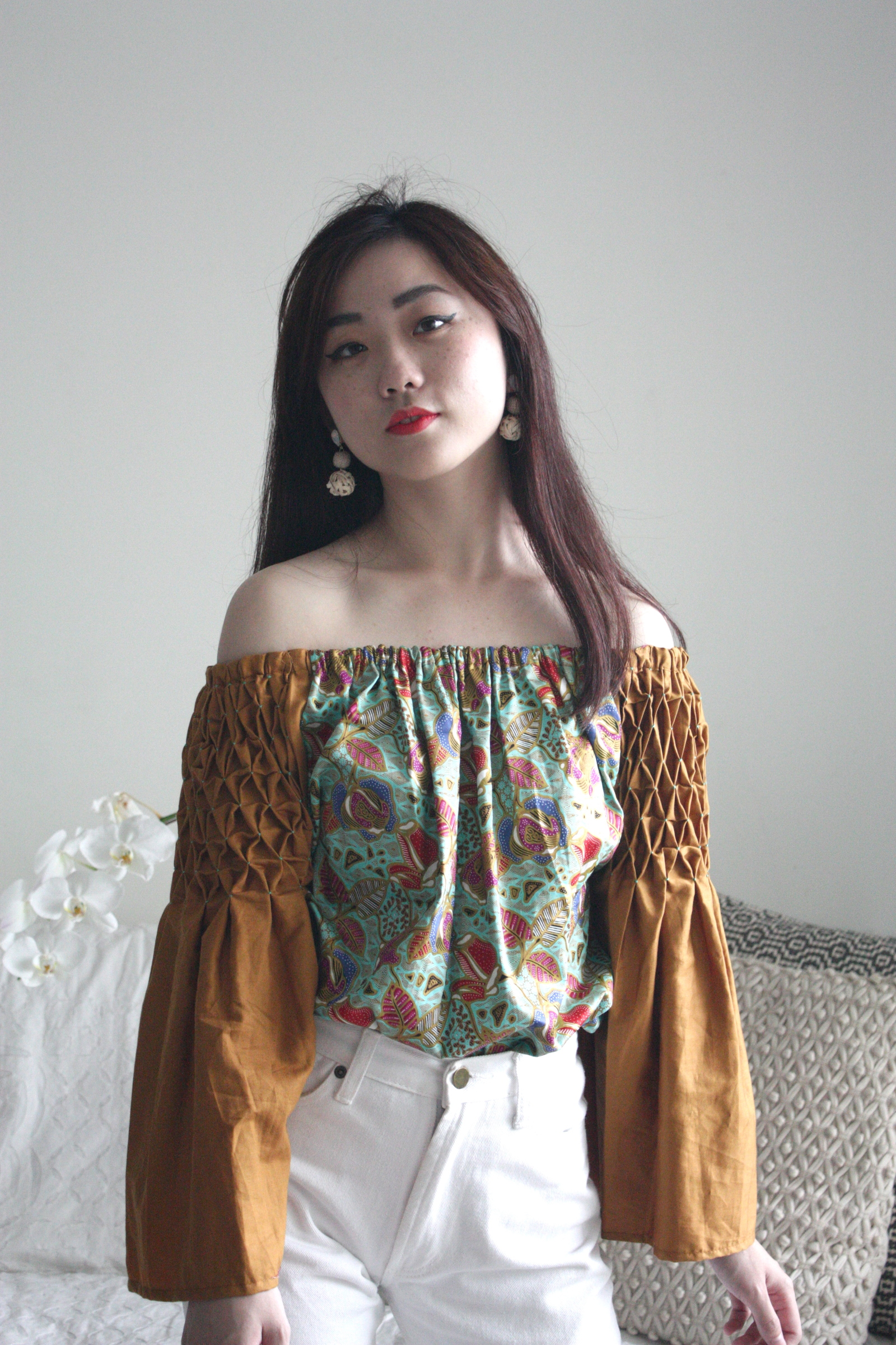 Batik Smocked sleeves top - Turquoise Sand