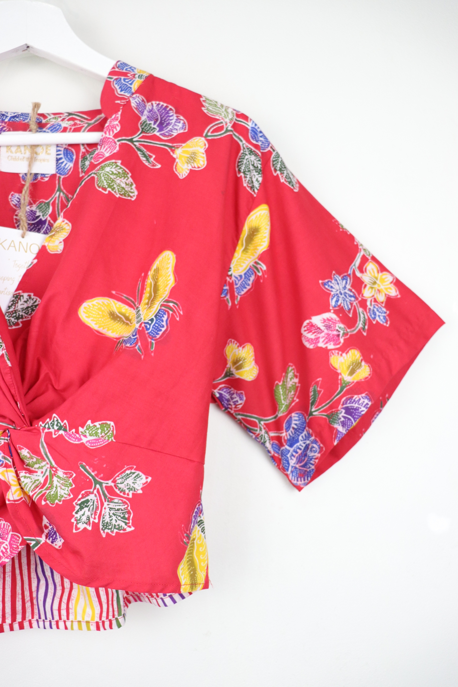 Twisted Front Mandarin Top - Butterfly Flower [ Handmade Batik ]