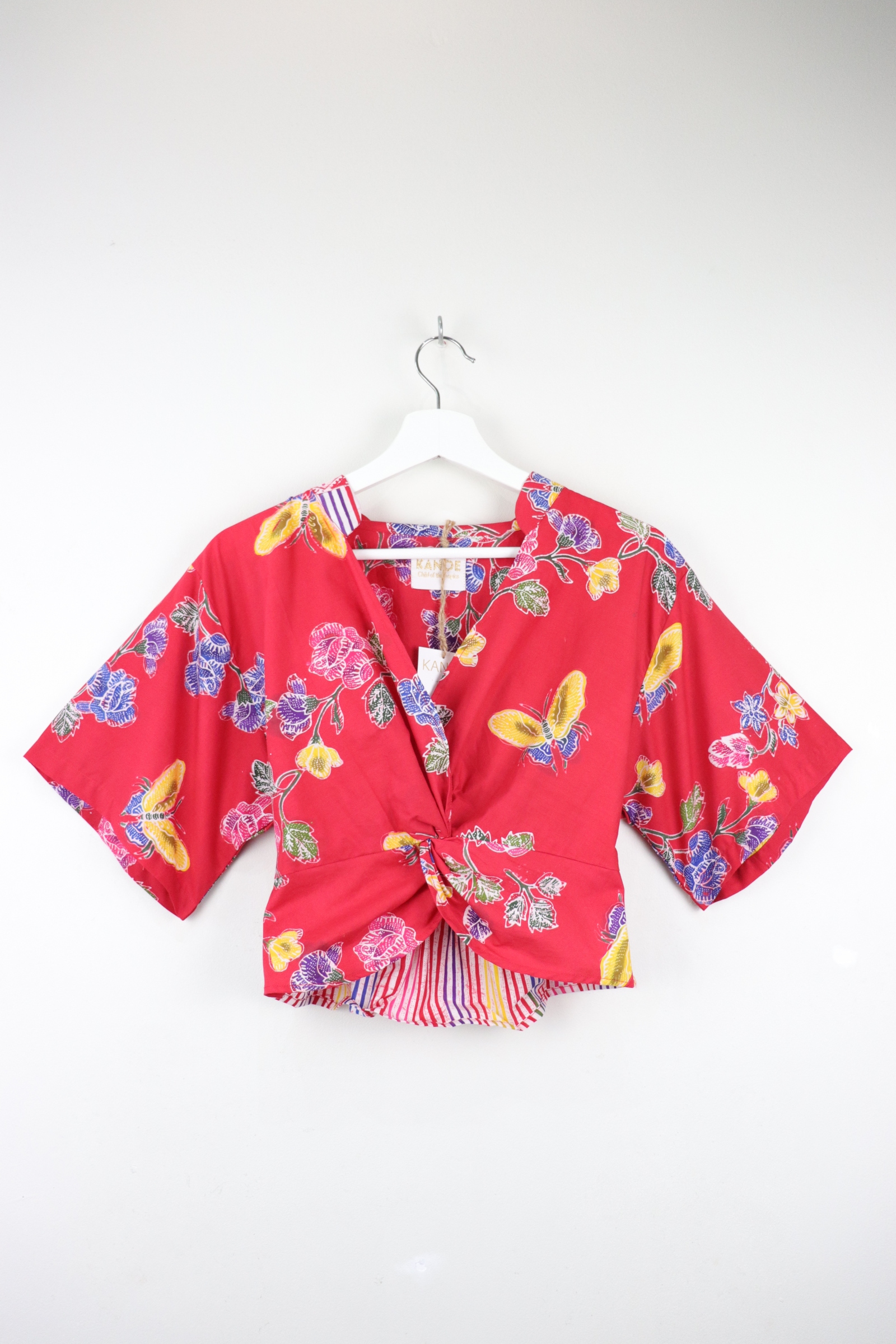 Twisted Front Mandarin Top - Butterfly Flower [ Handmade Batik ]