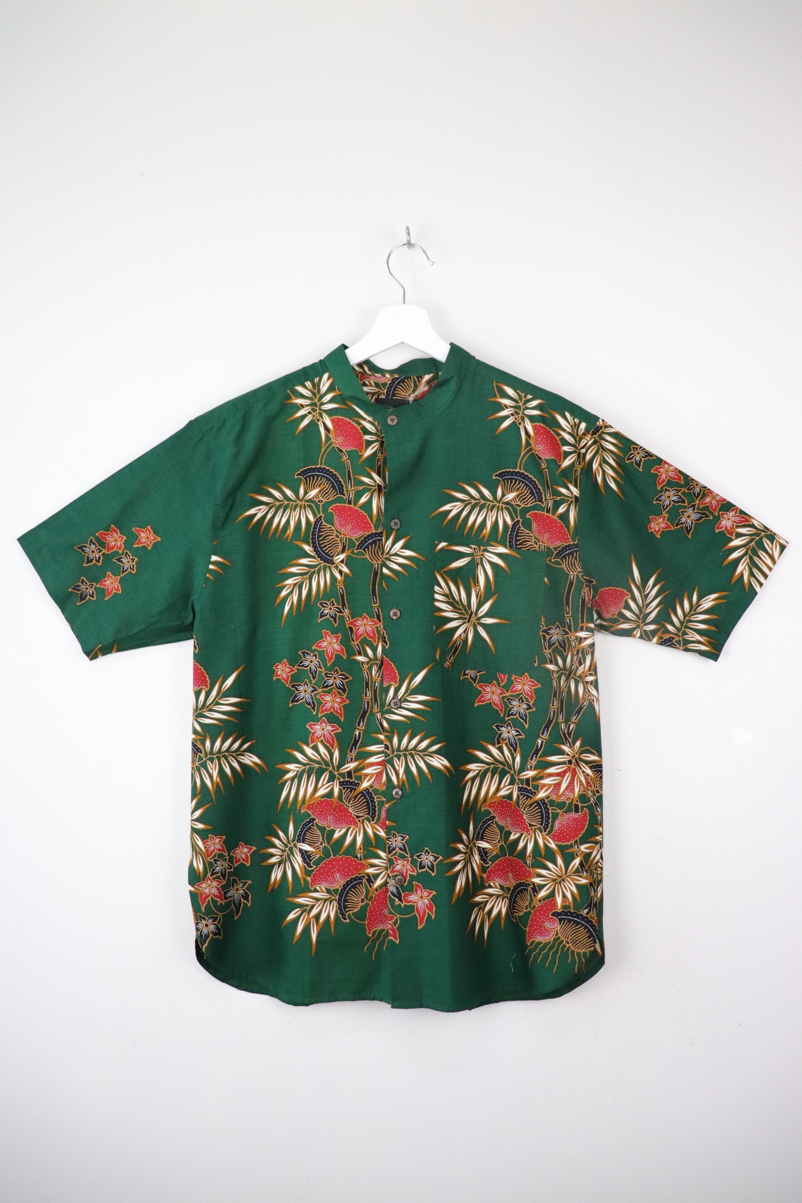 KANOEMEN Stand Collar Batik Shirt - Forest Nori M [ New Fit ] 