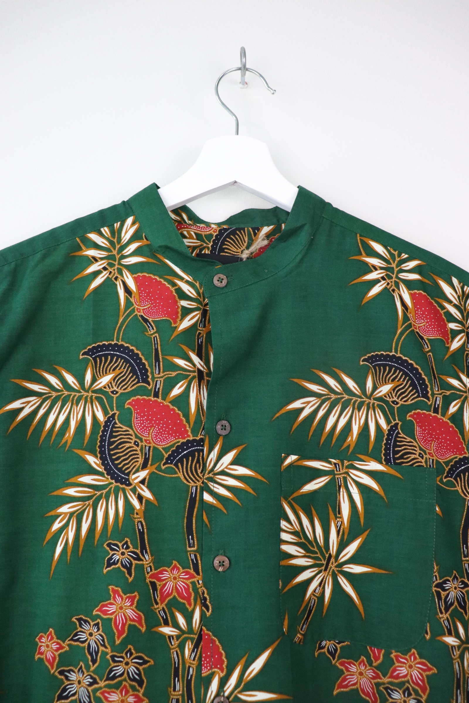 KANOEMEN Stand Collar Batik Shirt - Forest Nori M [ New Fit ] 