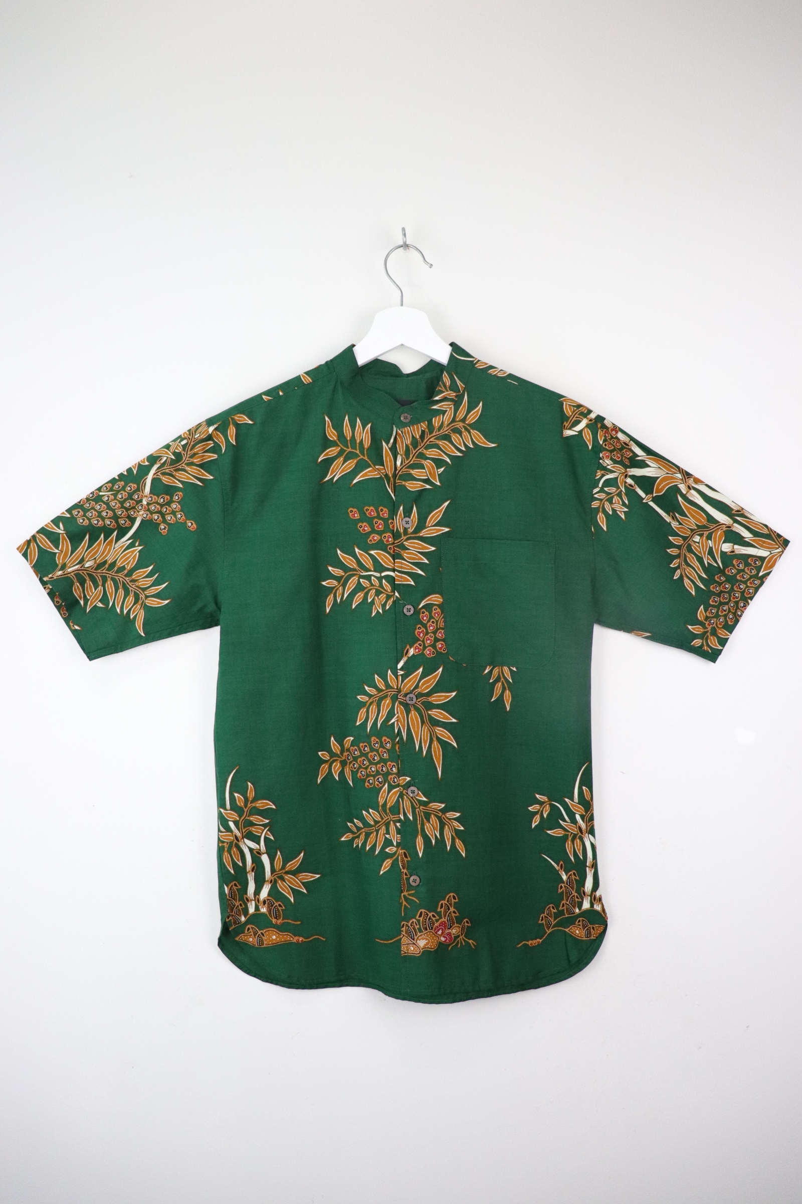 KANOEMEN Stand Collar Batik Shirt - Olive Rust 