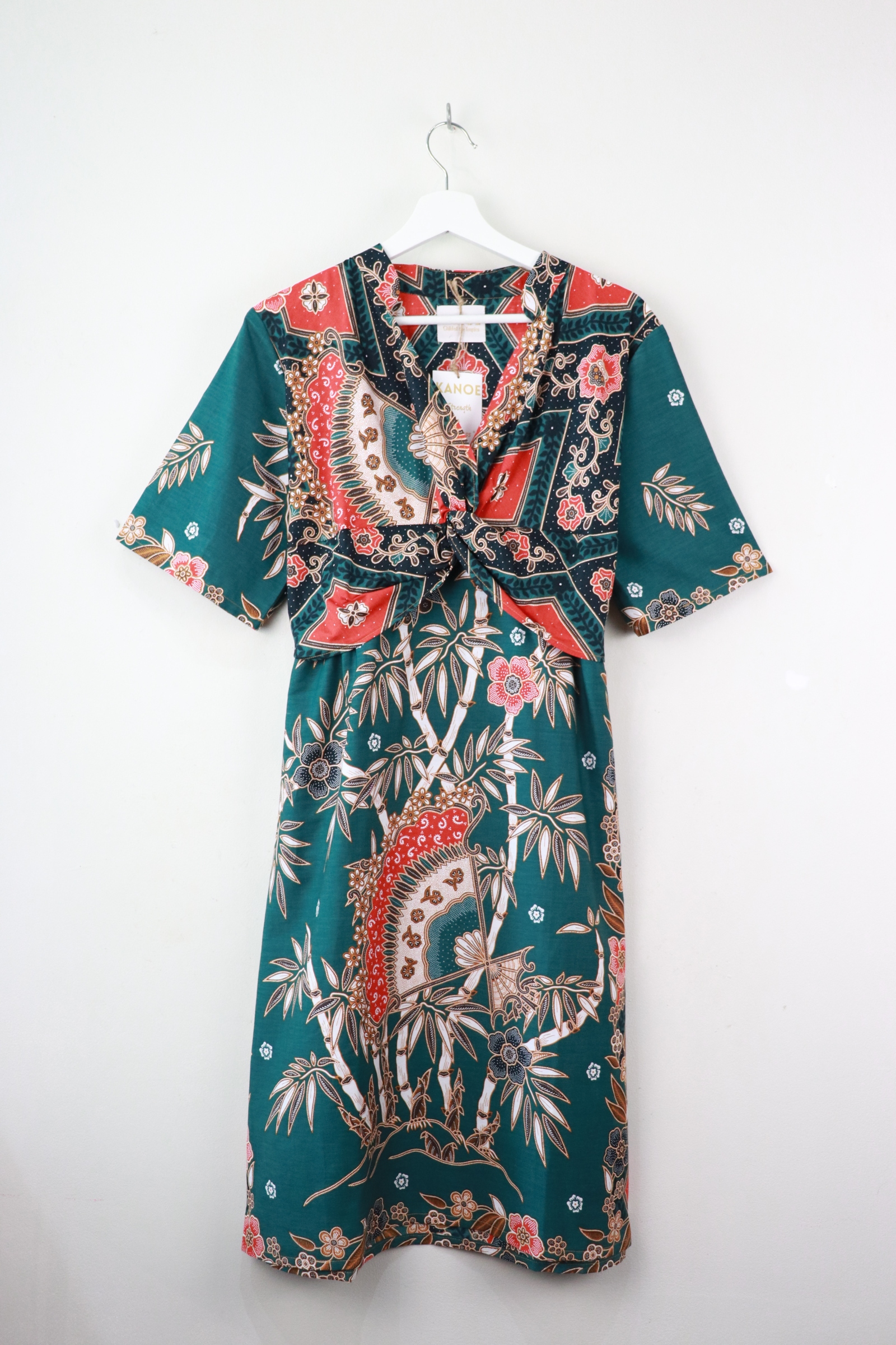 Twisted Front Dress w/ Mandarin Collar - Viridian Leaves