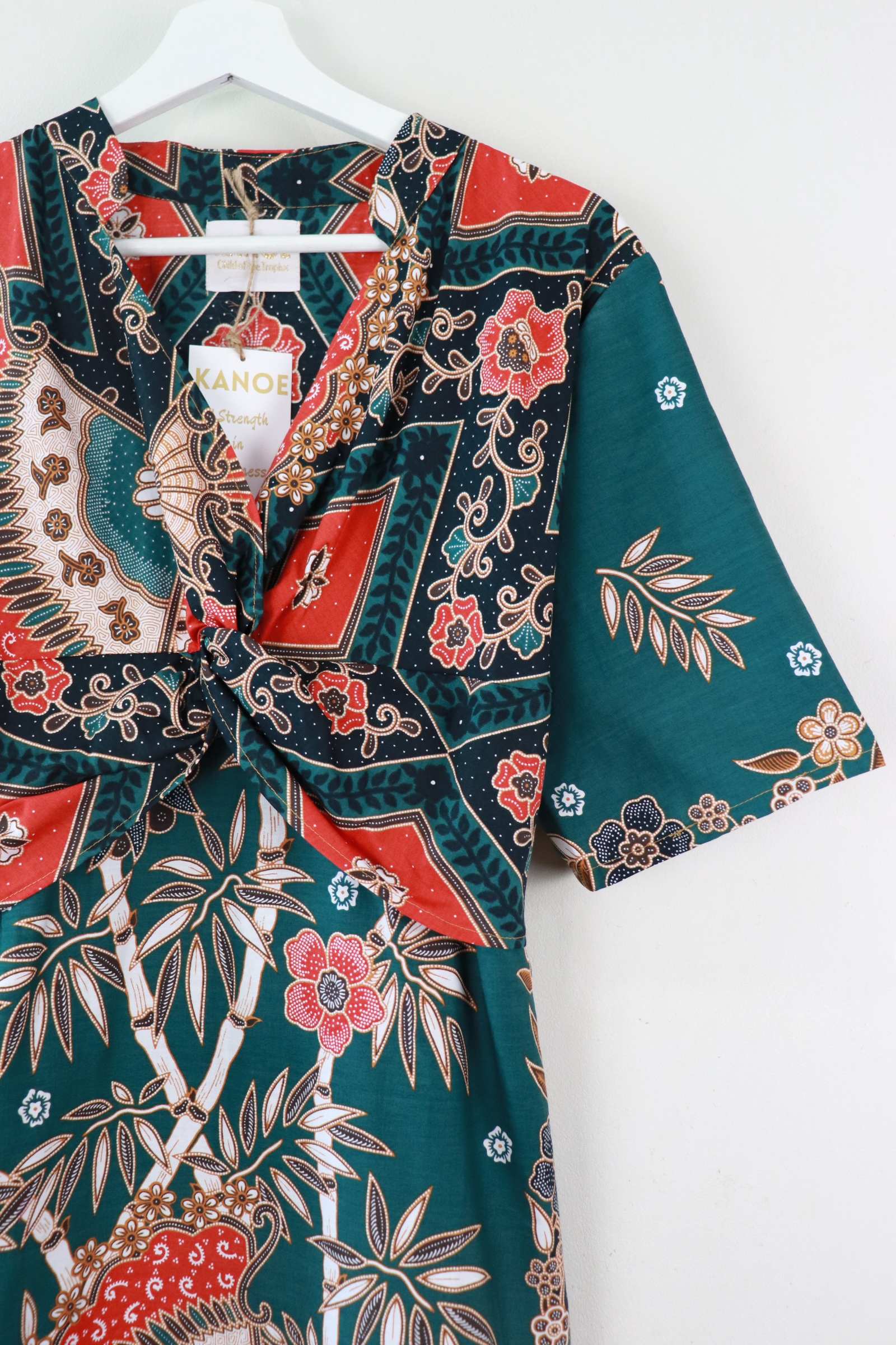 Twisted Front Dress w/ Mandarin Collar - Viridian Leaves