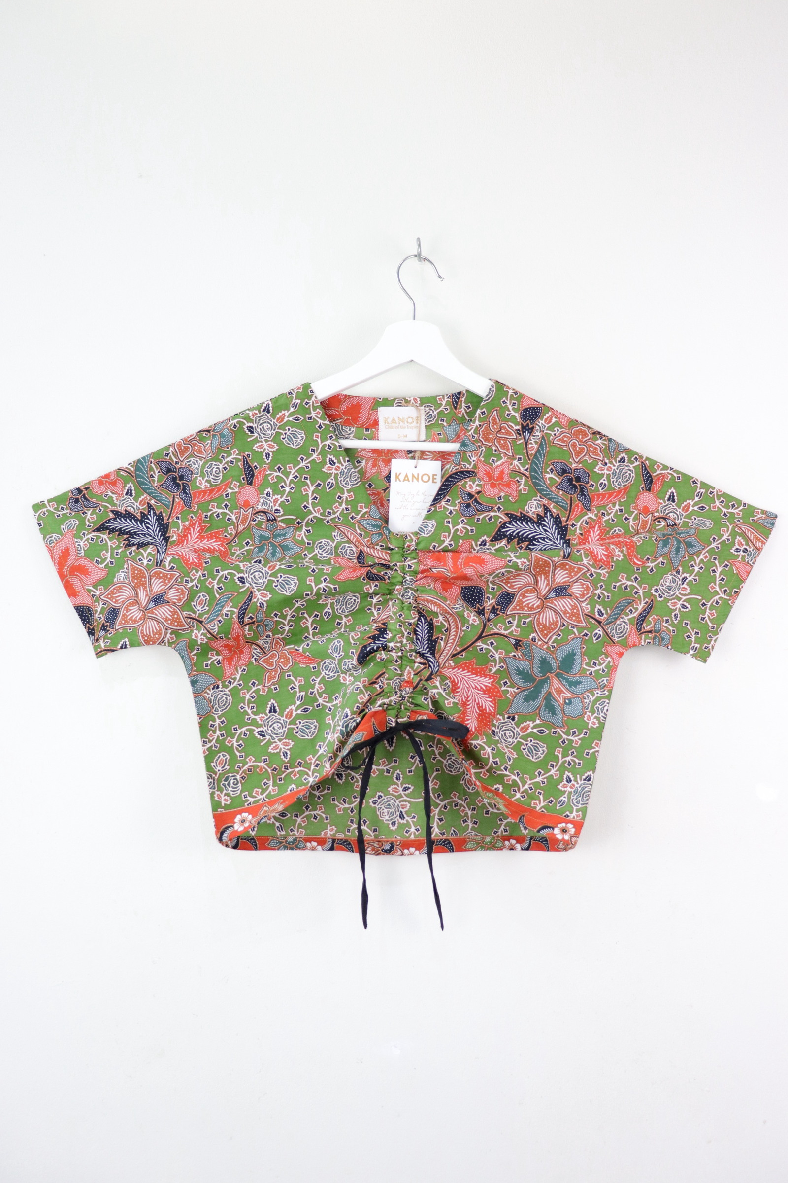 Front Ruched Drawstring Batik Top - Botanical Breeze ( S - M ) 