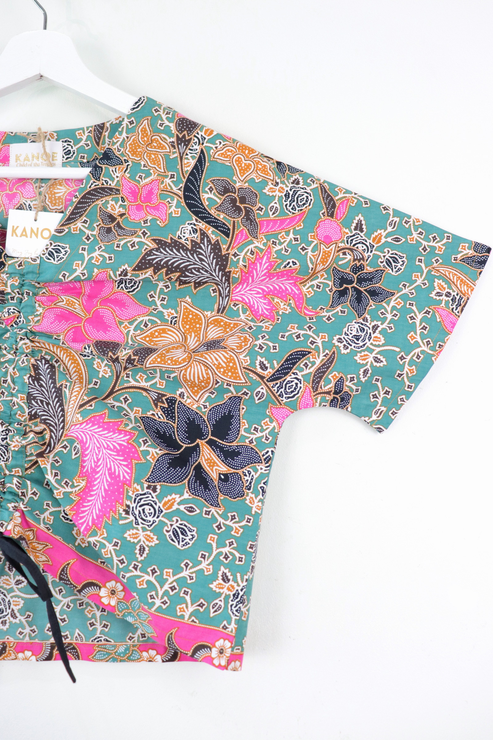 Front Ruched Drawstring Batik Top - Beachside Bougainvillea ( S - M ) 