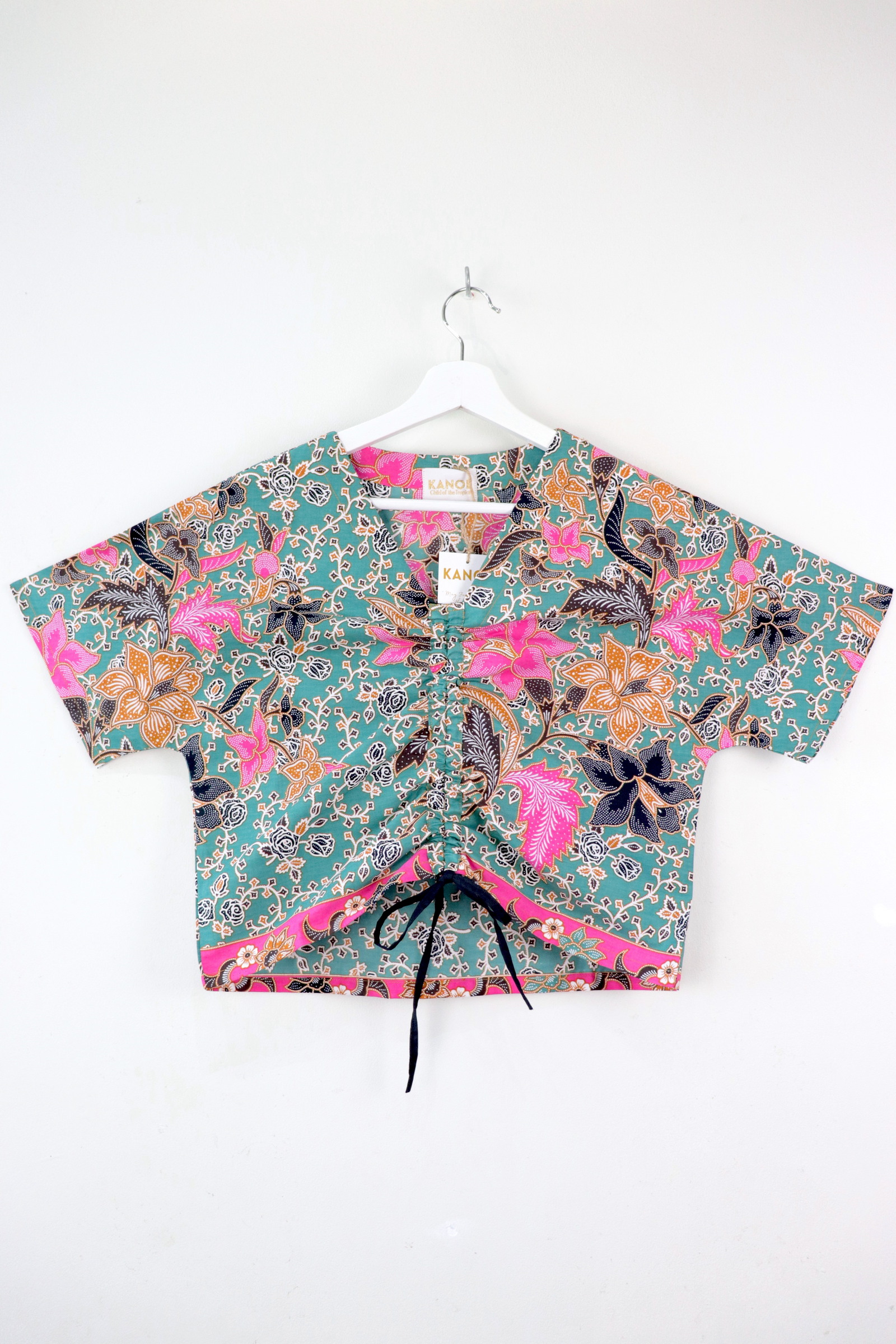 Front Ruched Drawstring Batik Top - Beachside Bougainvillea ( S - M ) 