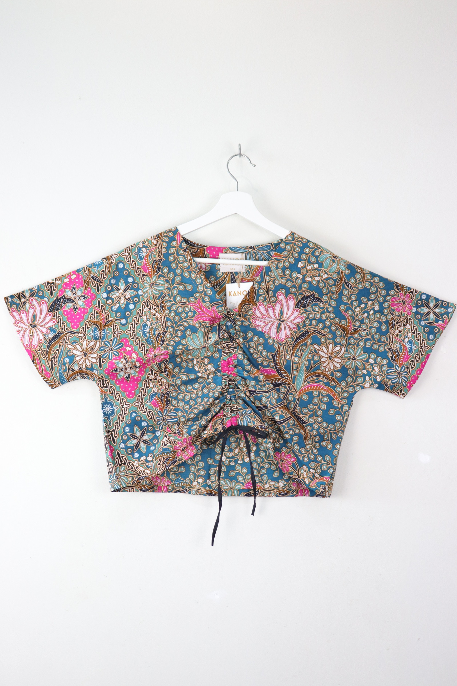 Front Ruched Drawstring Batik Top - Torrentially Teal ( M - L ) 