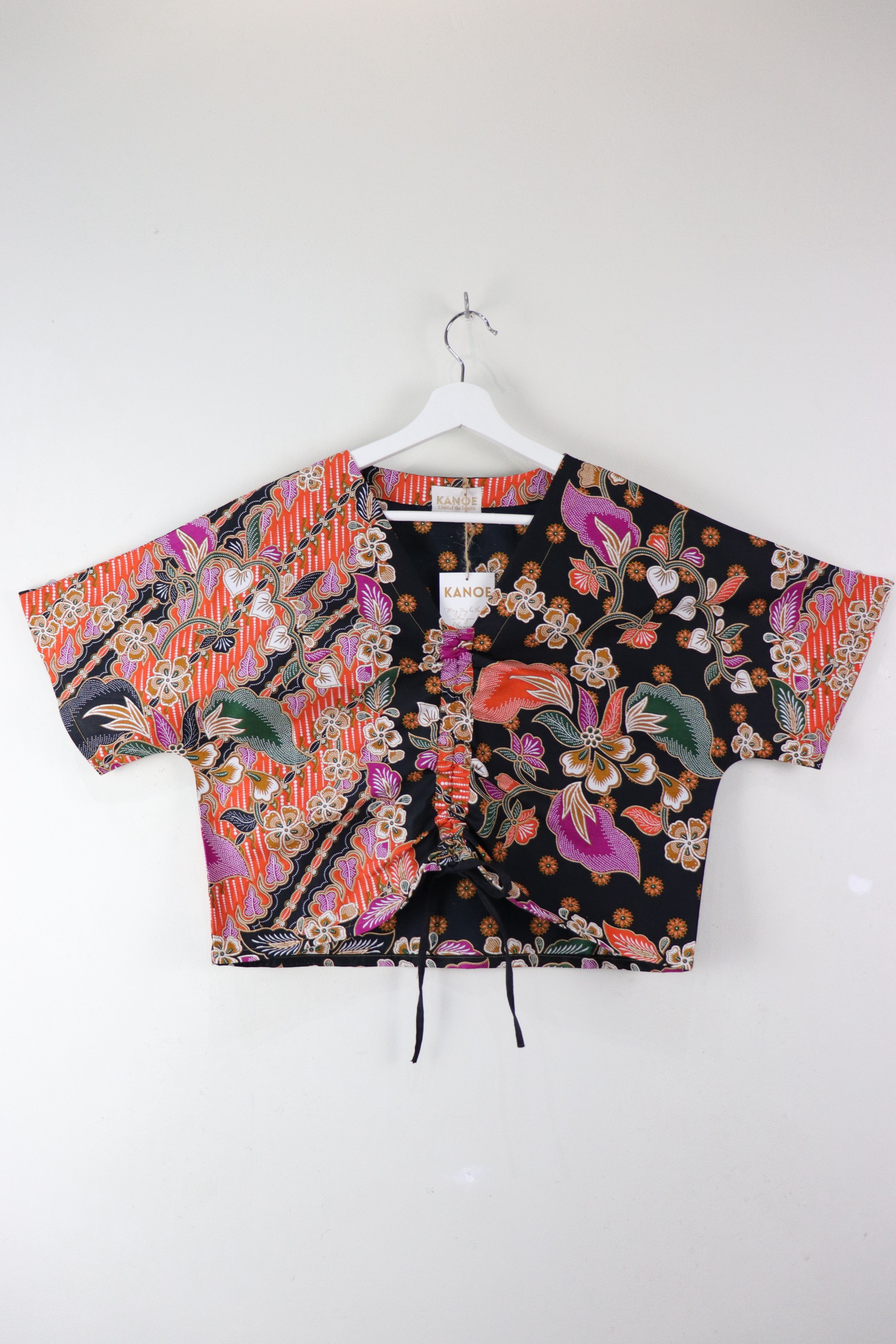 Front Ruched Drawstring Batik Top - Tangerine Savanna ( M - L ) 