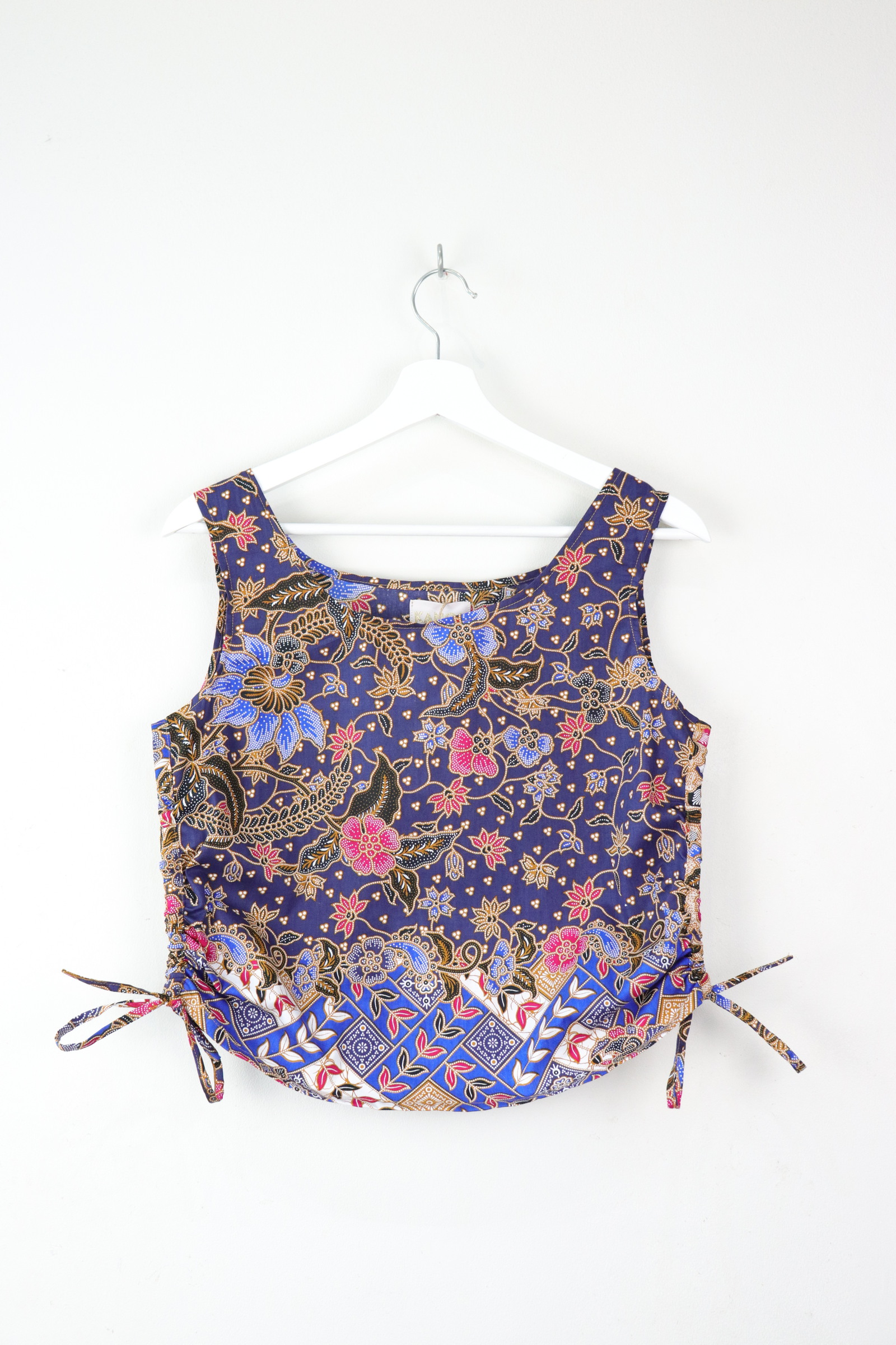 Side Ruched Drawstring Batik Top - Vines at Dusk ( S - M )