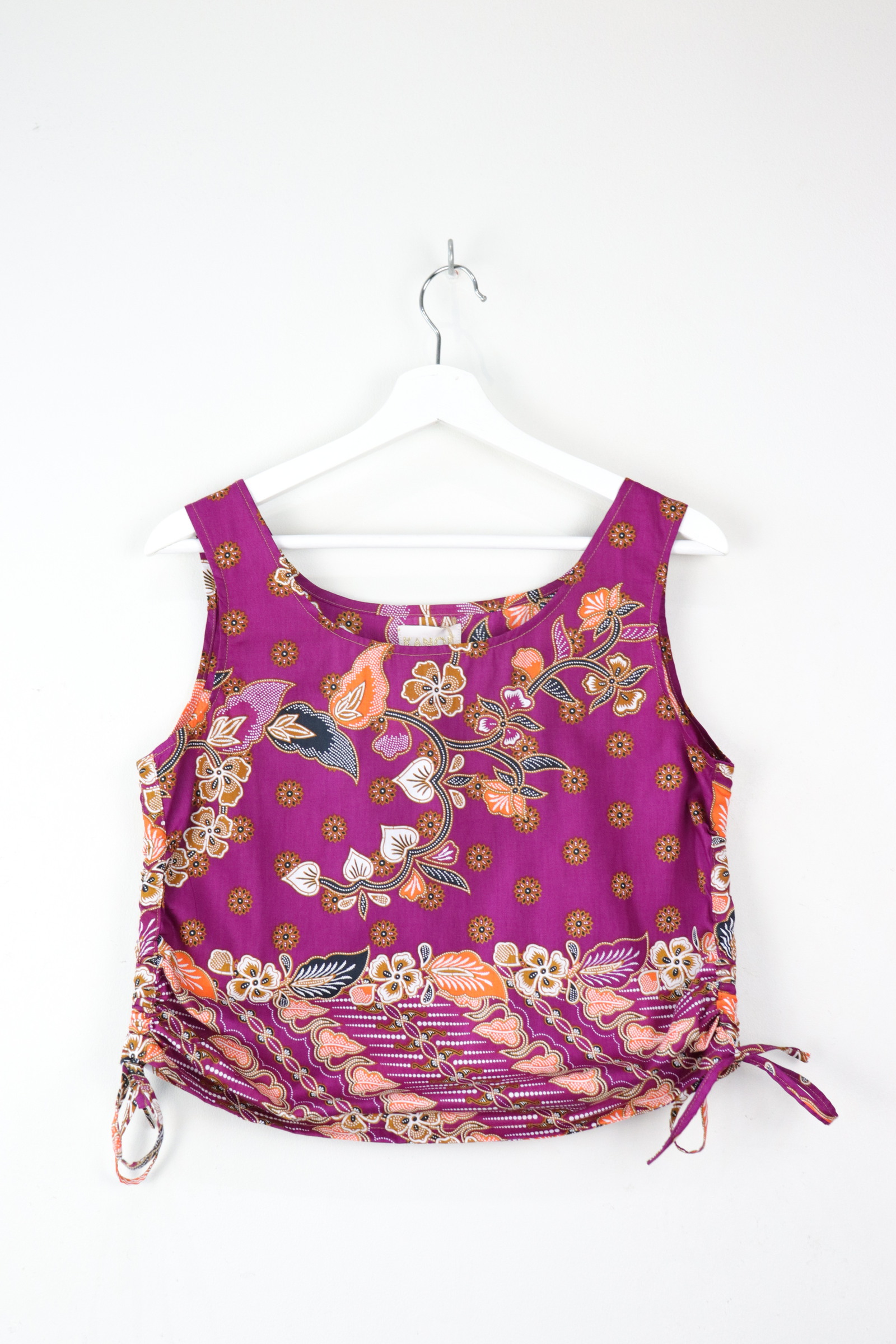 Side Ruched Drawstring Batik Top - Grape Vines ( S - M )