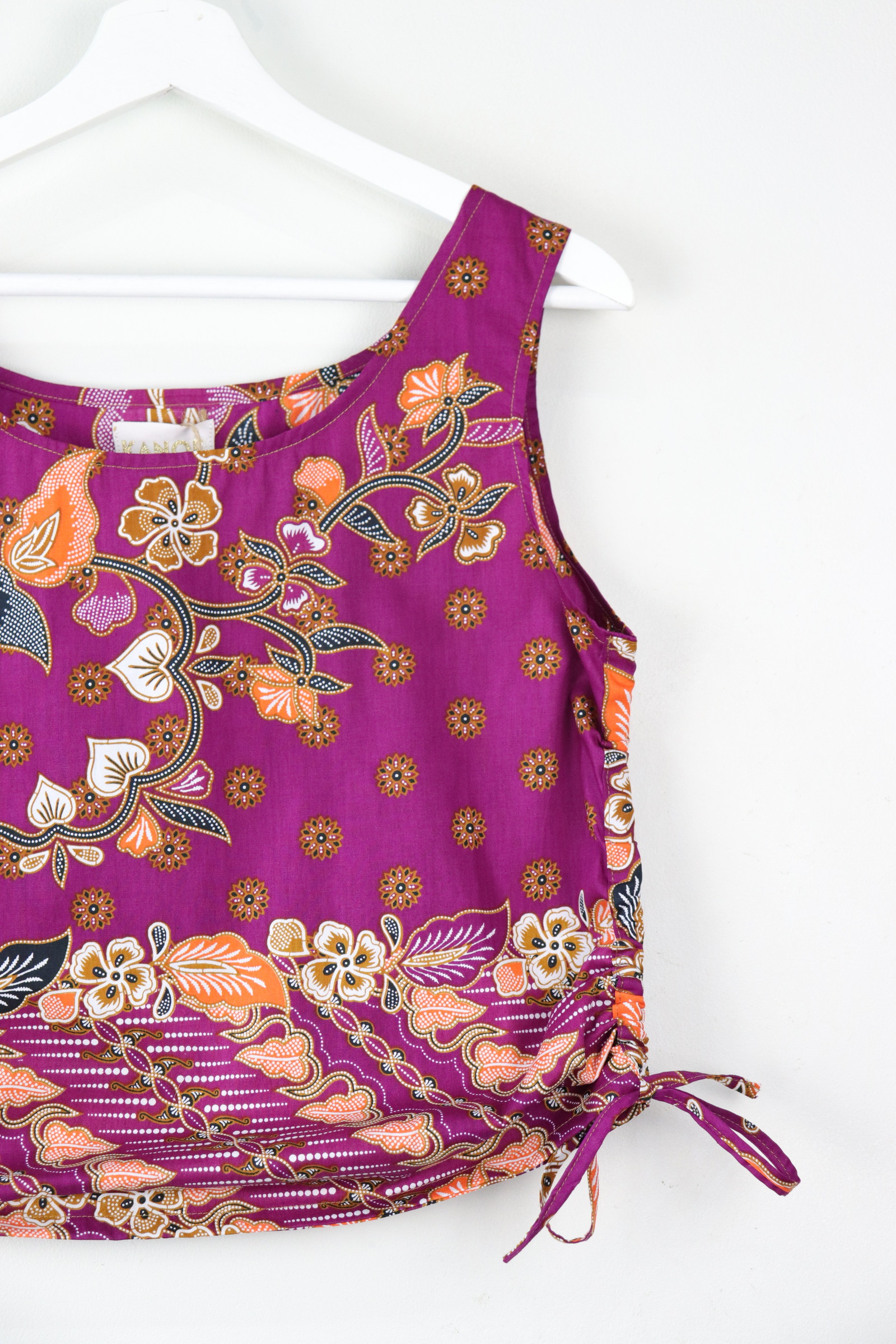 Side Ruched Drawstring Batik Top - Grape Vines ( S - M )