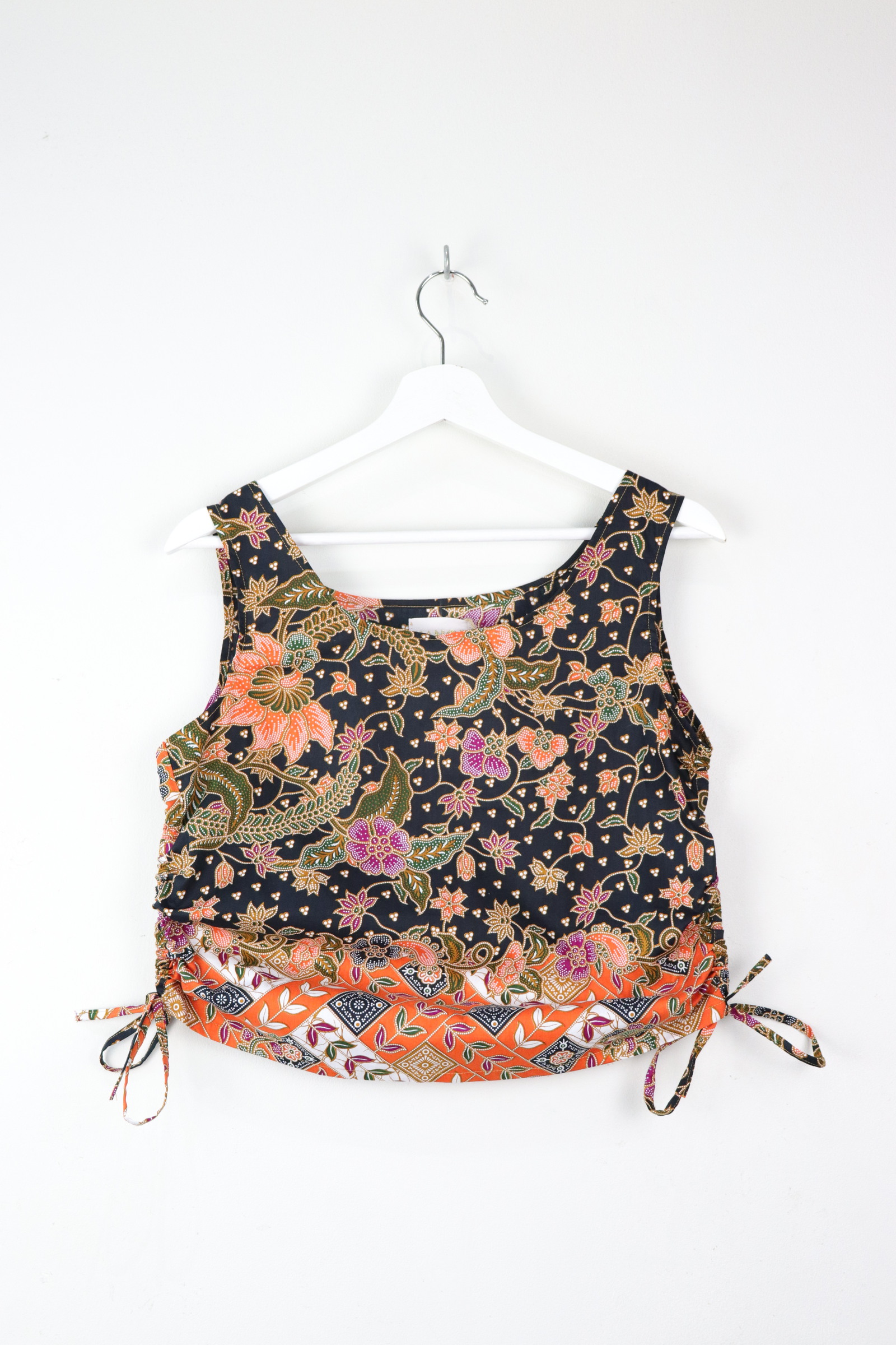 Side Ruched Drawstring Batik Top - Orange Stargazer ( S - M )
