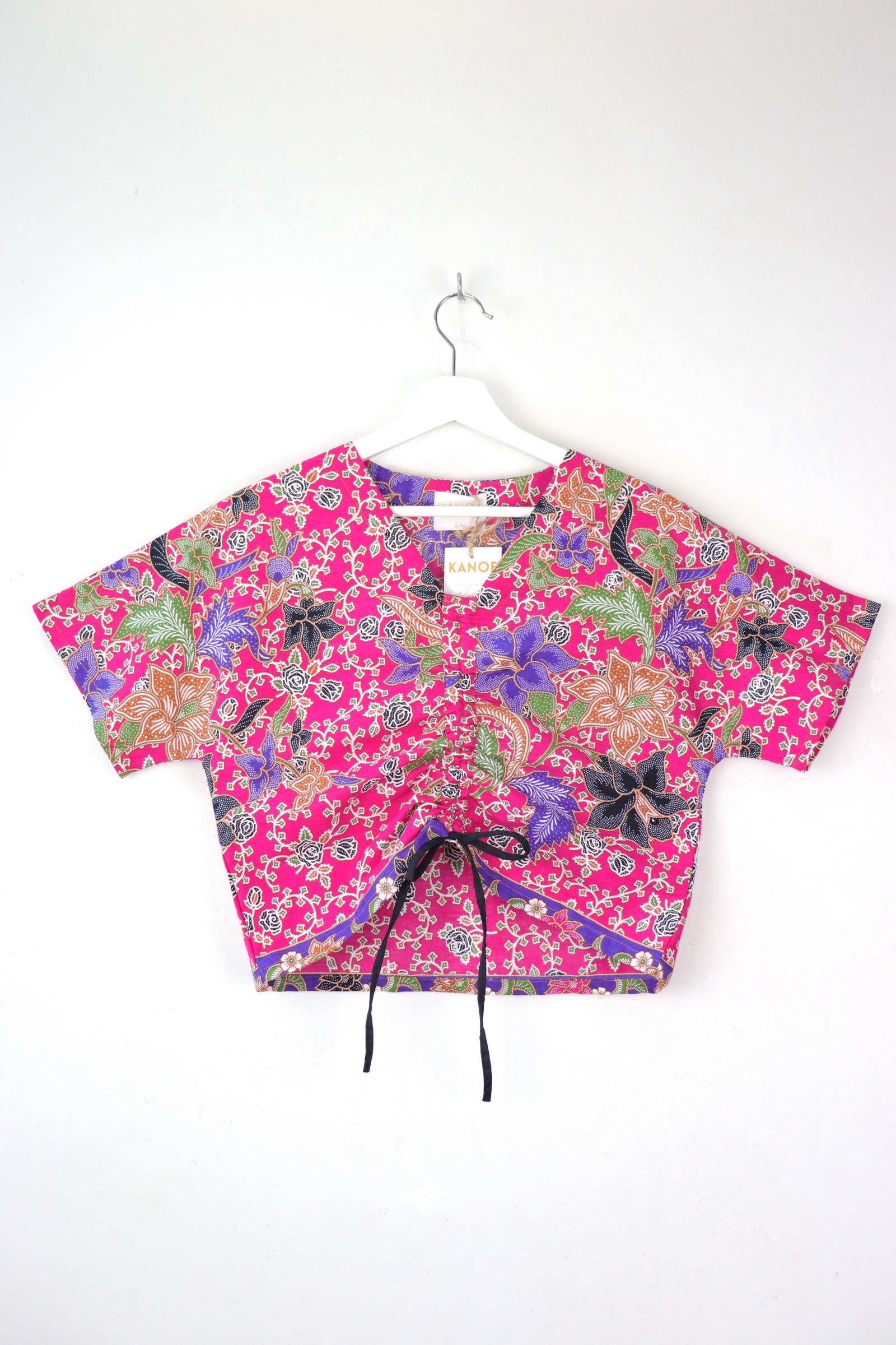 Front Ruched Drawstring Batik Top - Rose Bushes ( S - M ) 