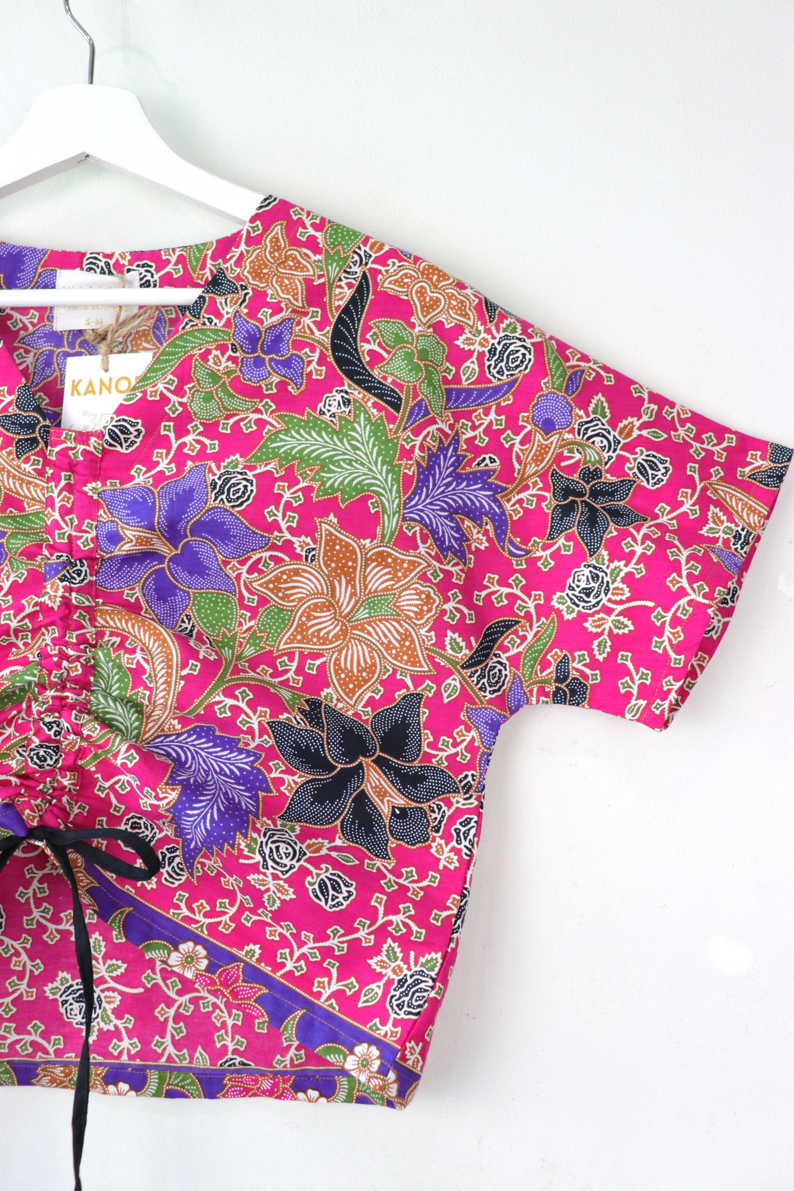 Front Ruched Drawstring Batik Top - Rose Bushes ( S - M ) 