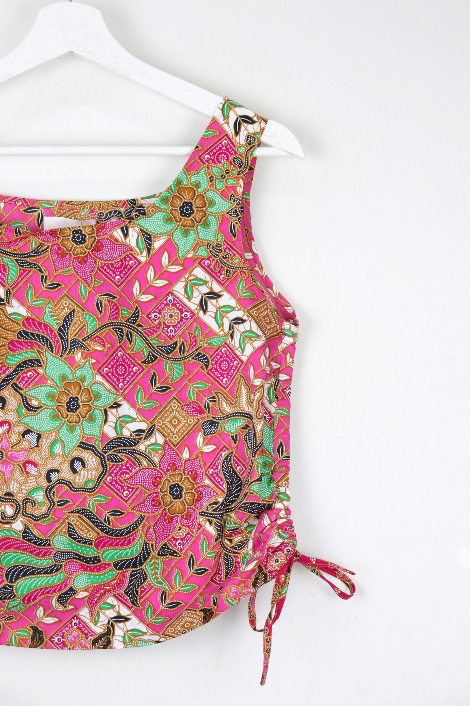 Side Ruched Drawstring Batik Top - Flamingo Floatie ( S - M )