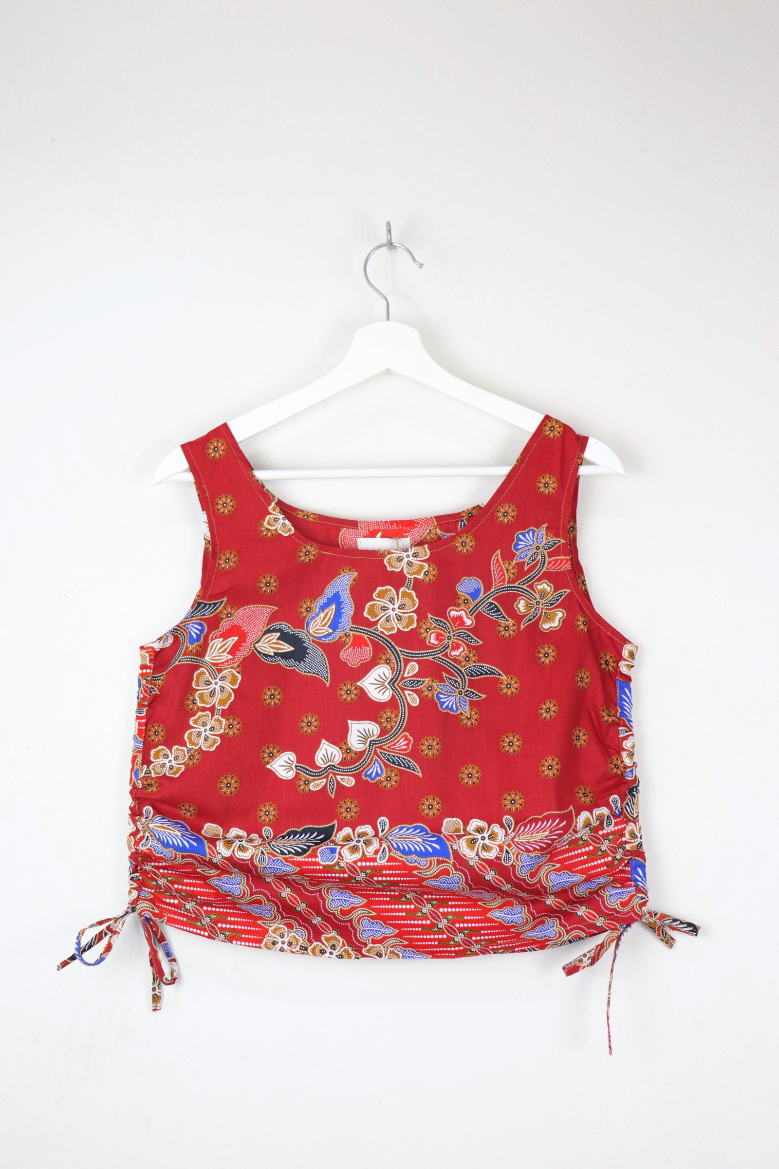 Side Ruched Drawstring Batik Top - Hibiscus Bunch ( S - M )