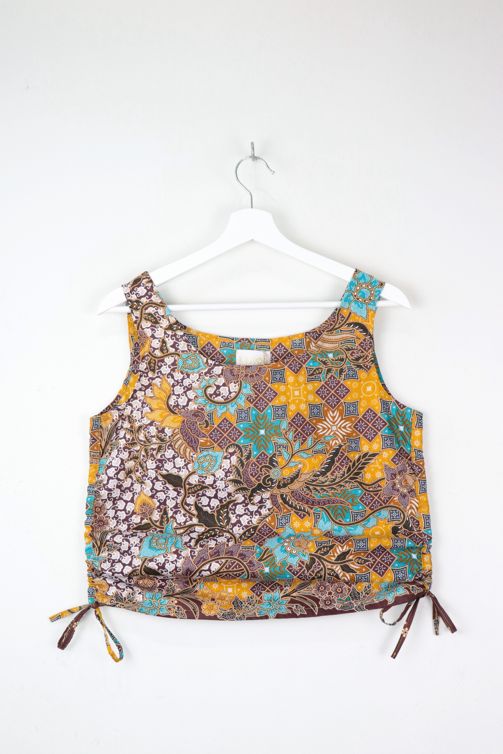 Side Ruched Drawstring Batik Top - Pineapple Breeze ( S - M )