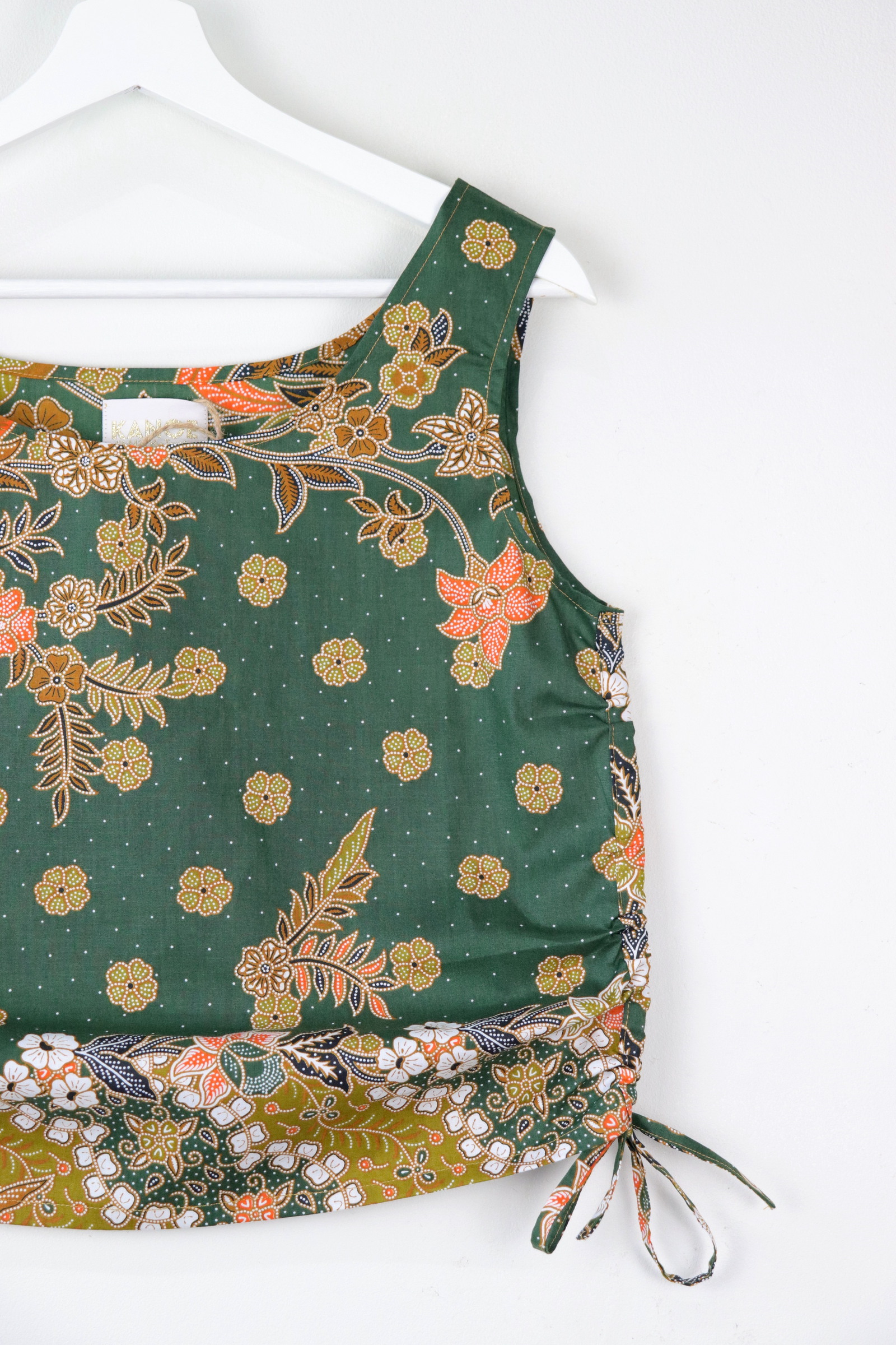 Side Ruched Drawstring Batik Top - Evergreen Forest ( S - M )