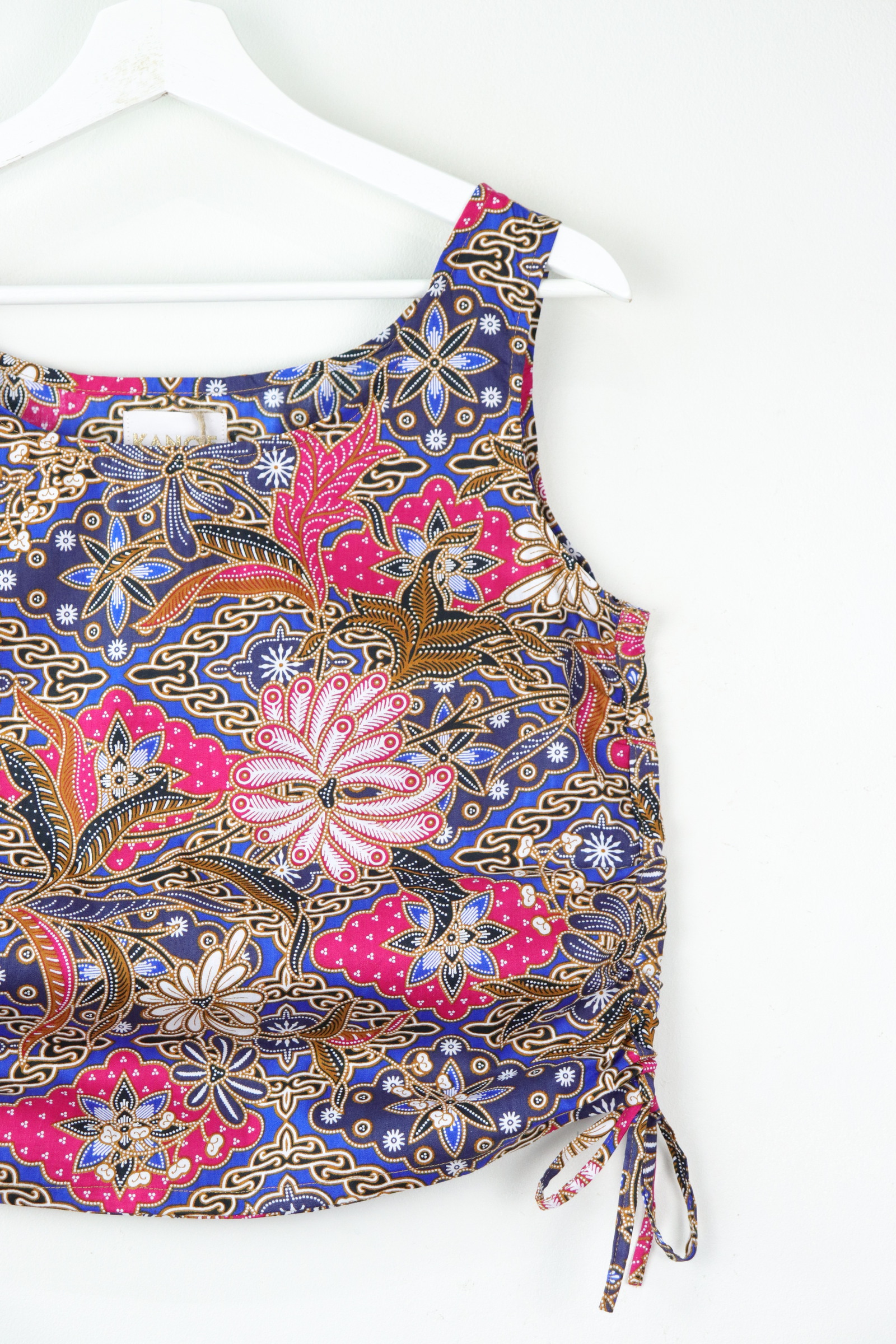 Side Ruched Drawstring Batik Top - Seashell Shore ( S - M )