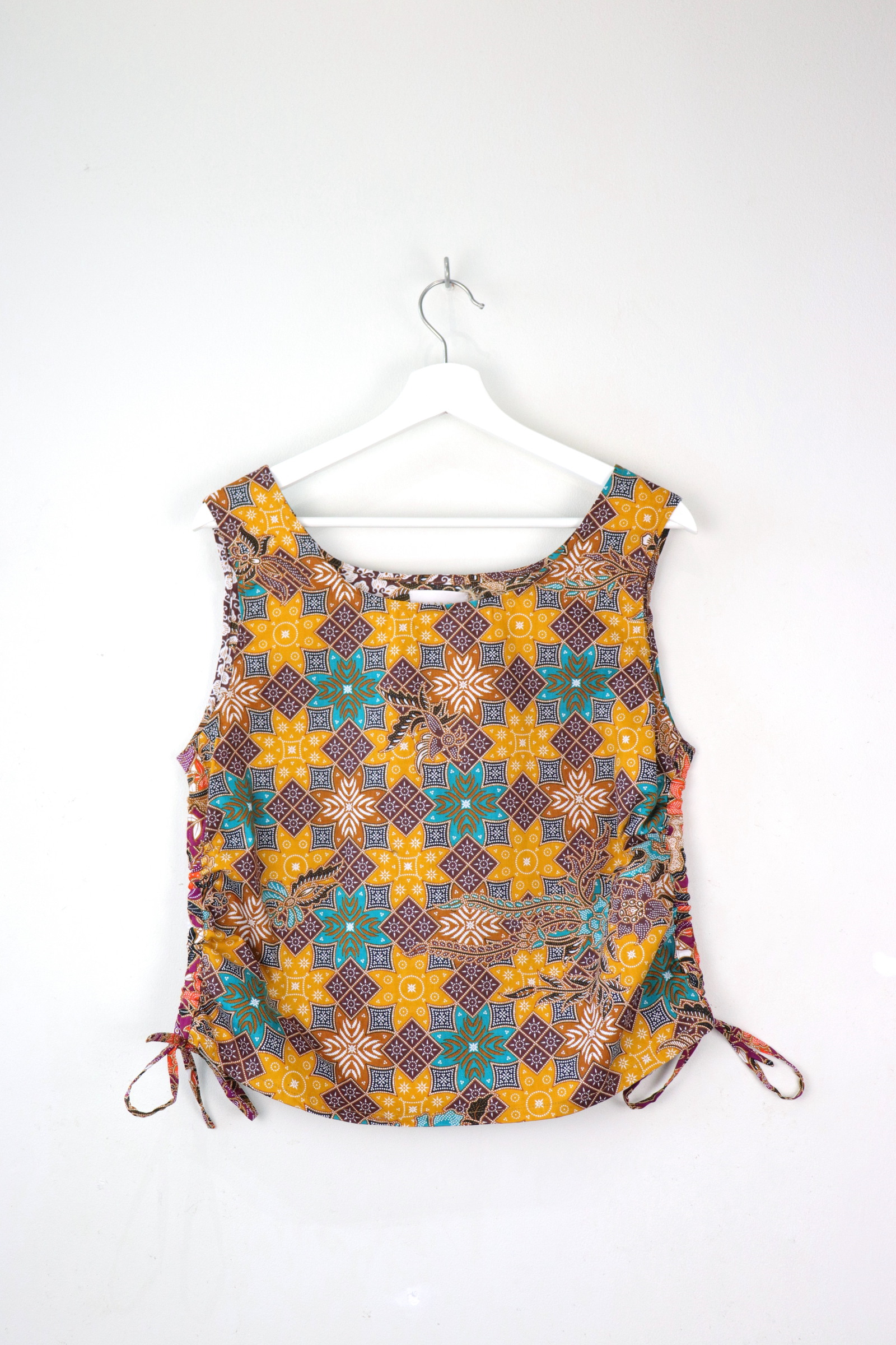 Side Ruched Drawstring Batik Top - Aloha Heliconias ( M - L  )