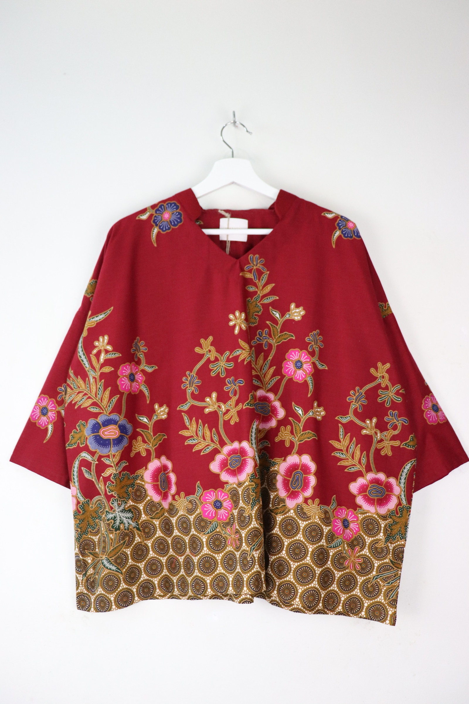 BIG GIRL Batik Top w/ Mandarin Collar - Cranberry