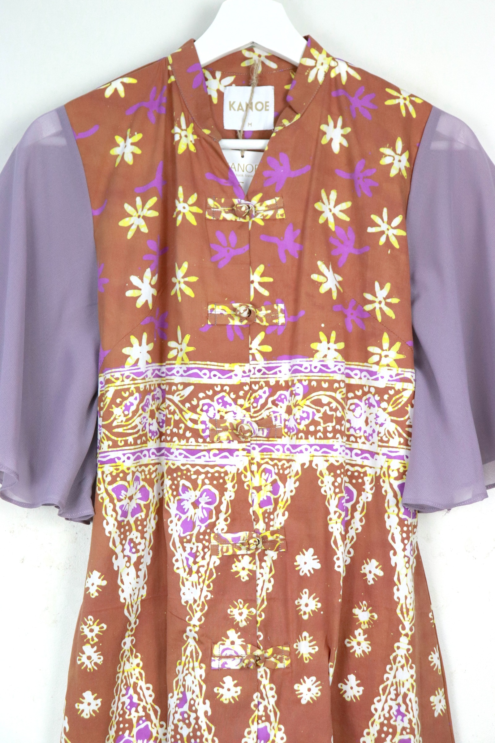 Sheer Sleeve Batik Dress - Lavendar Latte [ Handmade ] [ M ]