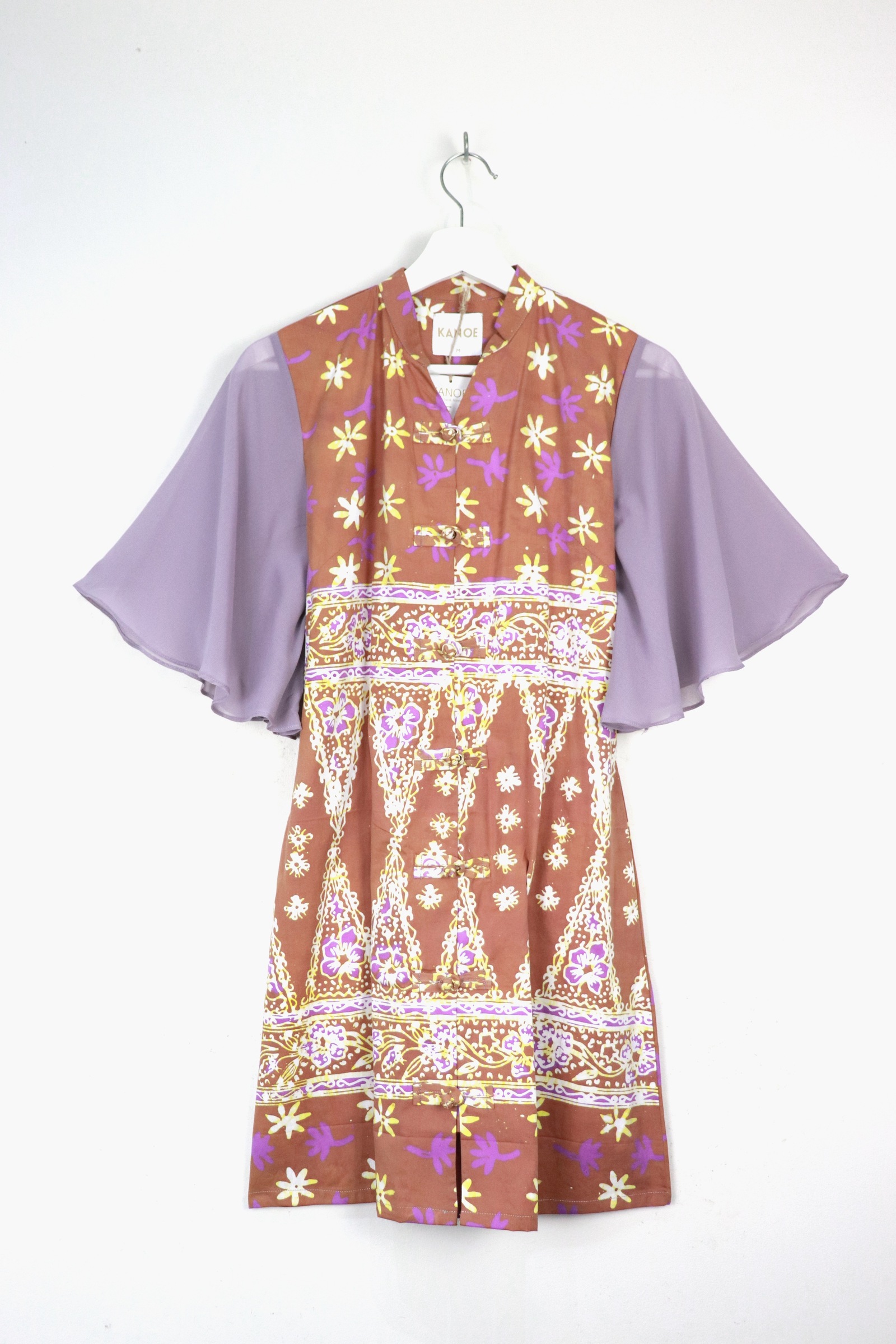 Sheer Sleeve Batik Dress - Lavendar Latte [ Handmade ] [ M ]