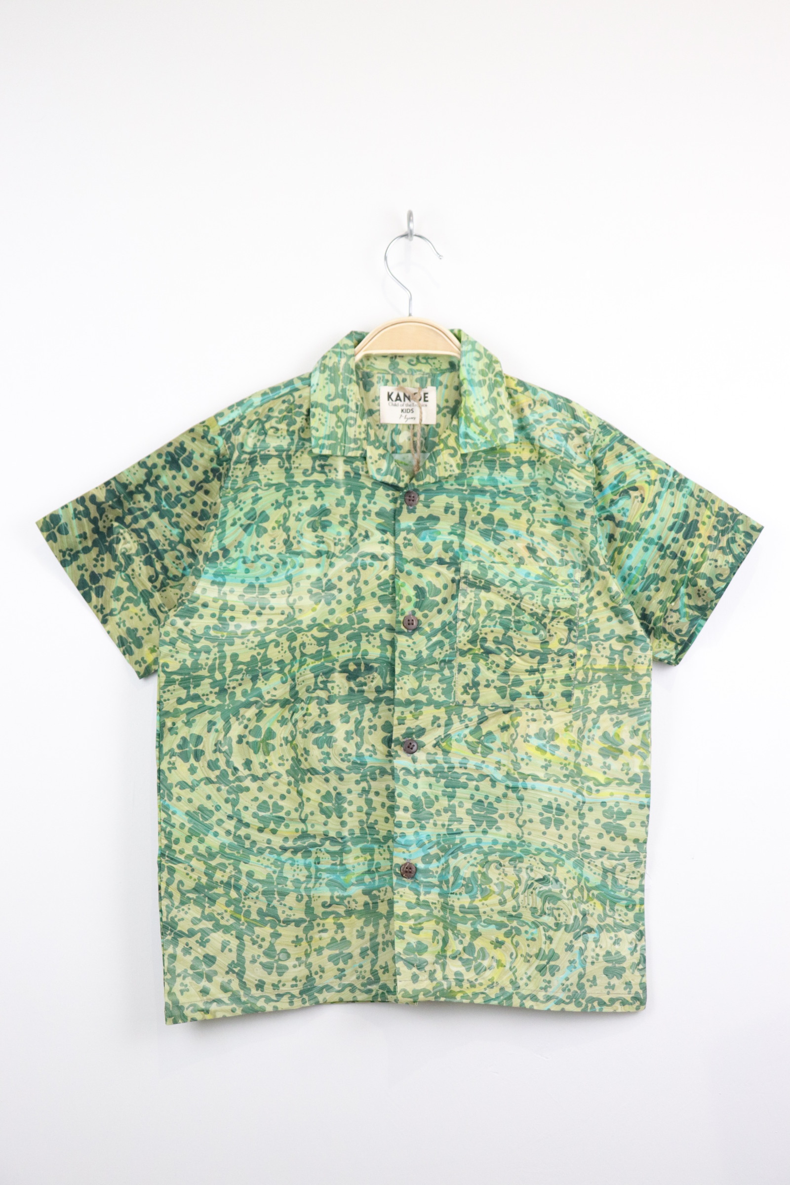 Boy's Open Collar Pocket Shirt - Basil Mint  [ Handmade ]