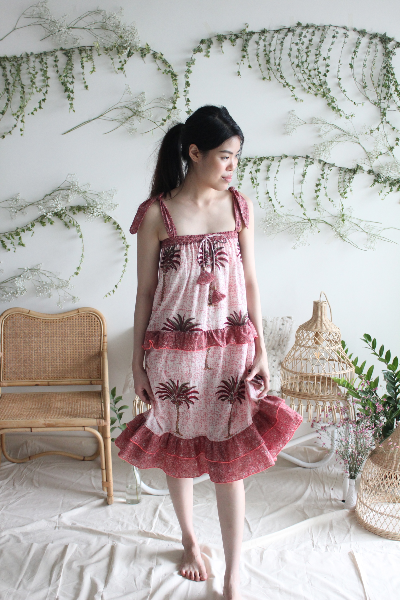 Dusty pink palm skirt dress