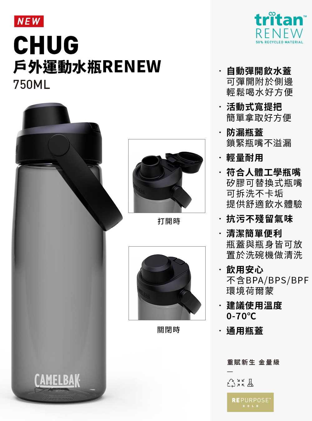 750ml Chug 戶外運動水瓶RENEW 炭黑_詳細01