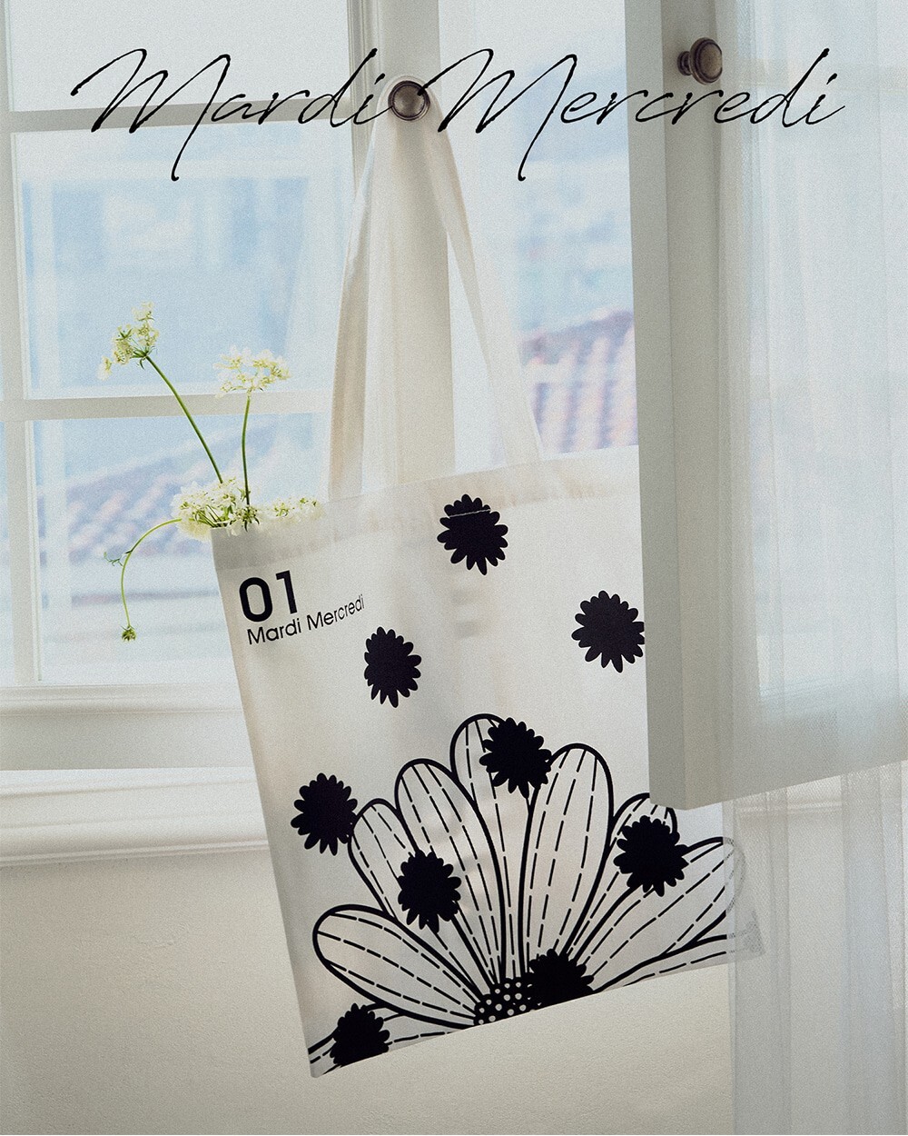 CANVAS BAG FLOWER DOTS_WHITE BLACKb