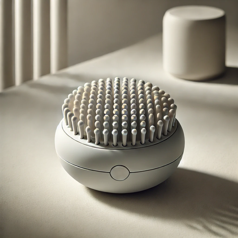 DALL·E 2024-12-26 10.20.02 - A highly detailed image of a round-shaped silicone hair brush massager with soft, flexible bristles and an ergonomic grip. The design is modern and co
