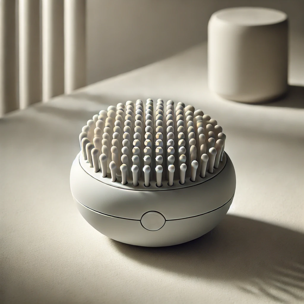 DALL·E 2024-12-26 10.20.02 - A highly detailed image of a round-shaped silicone hair brush massager with soft, flexible bristles and an ergonomic grip. The design is modern and co