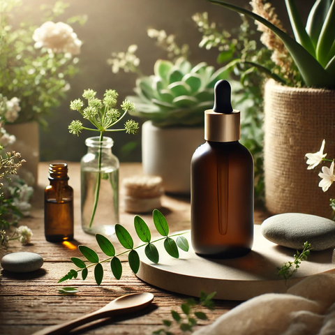 DALL·E 2024-12-27 11.28.23 - A bottle of organic hair serum placed in a serene natural setting, surrounded by fresh greenery and soft, earthy elements like wooden surfaces, stones
