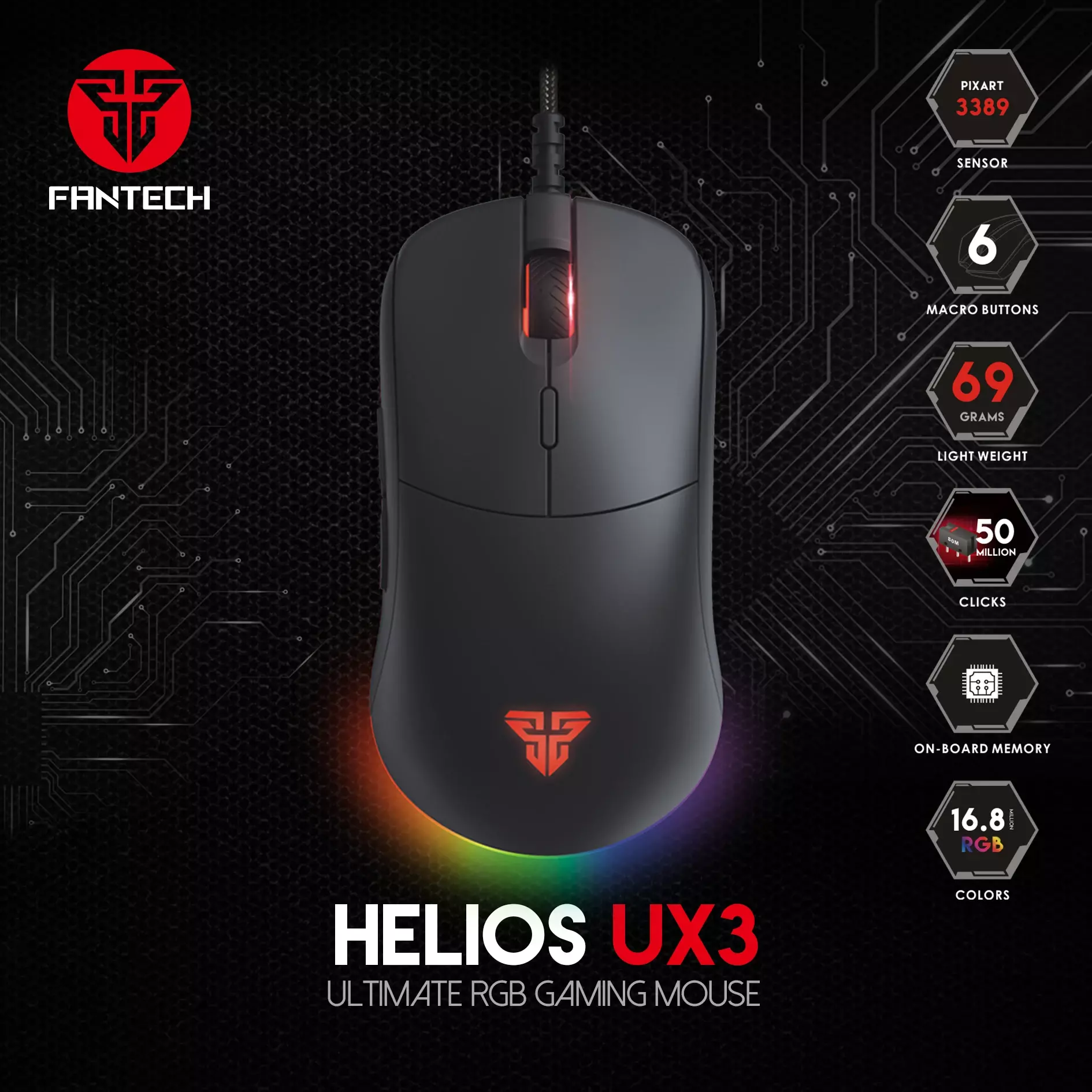 FANTECH-UX3-Gaming-Mouse-PIXART-3389-16000DPI-69G-Light-Weight-RGB-Wired-Game-Mouse-Gamer-Ergonomic