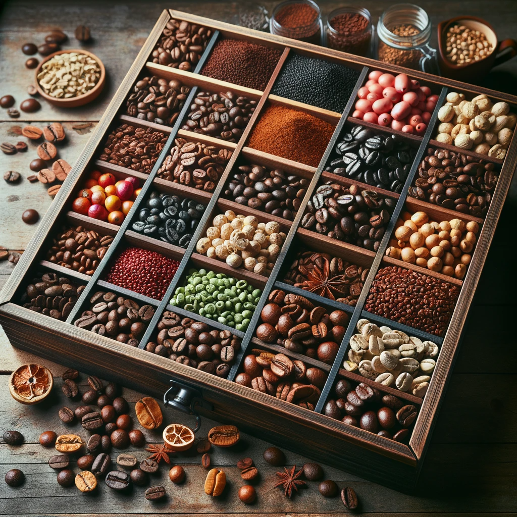 DALL·E 2023-12-20 11.34.13 - an assortment of different types of coffee beans neatly organized in a wooden organizer with several compartments, each compartment containing a diffe