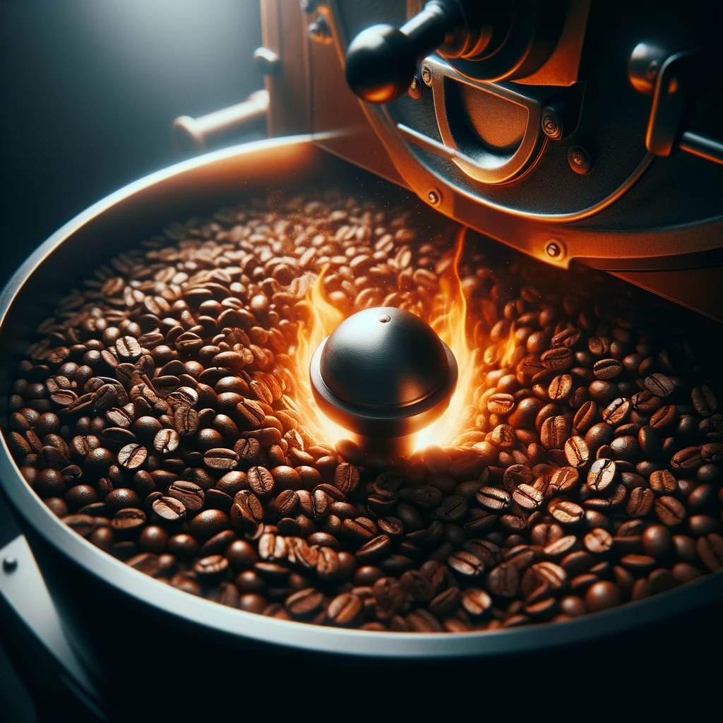 DALL·E 2023-12-20 11.36.19 - a detailed scene of coffee beans being roasted in a traditional roaster, showcasing the beans turning a rich, golden brown. The roaster is designed wi