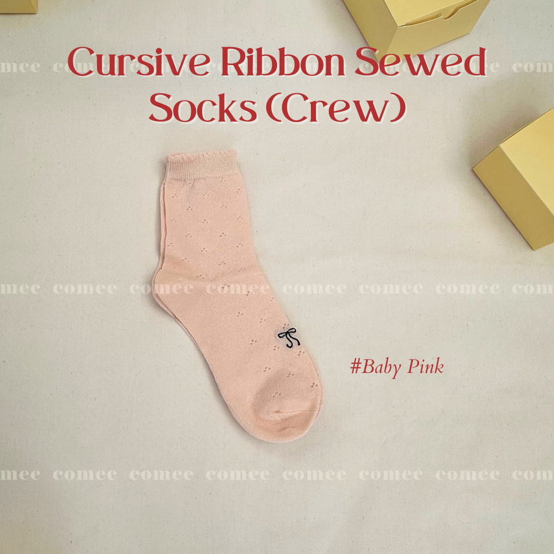 Cursive Ribbon Sewed Socks (Crew) (15)