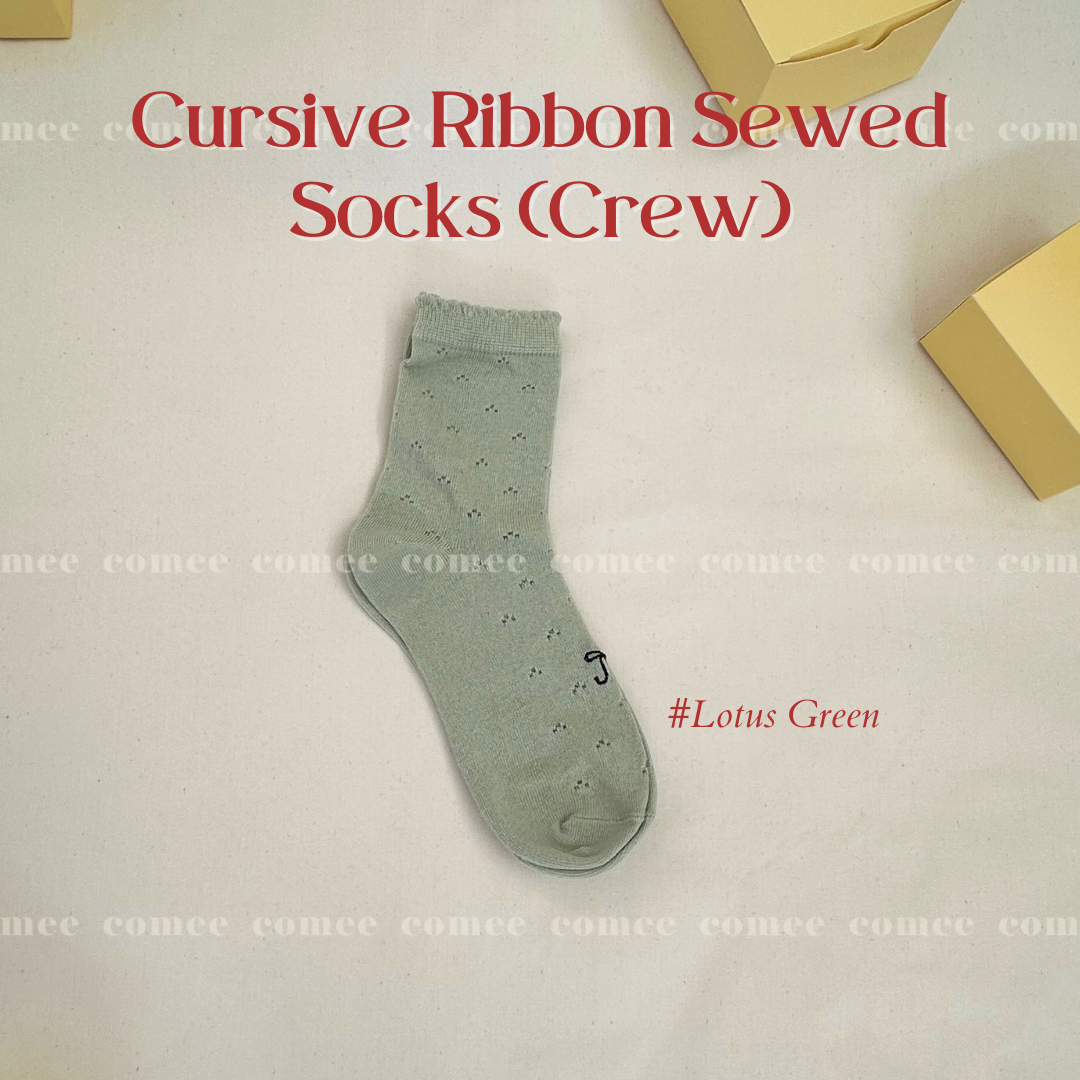 Cursive Ribbon Sewed Socks (Crew) (14)